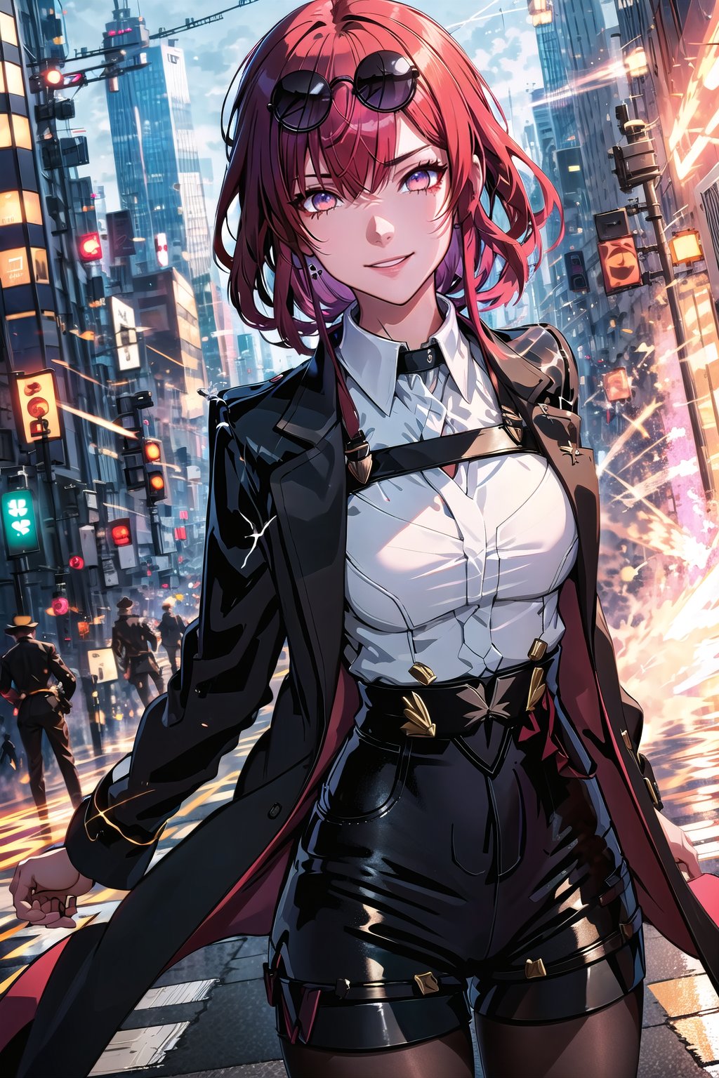 guiltys, angry, a girl, white eyes, red hair, fighting, upper body, (bokeh:1.1), depth of field, by Akihiko Yoshida, tracers, vfx, splashes, lightning, light particles, city background, masterpiece, best quality, (detailed background), (beautiful detailed face, beautiful detailed eyes), absurdres, highres, ultra detailed, masterpiece, best quality, detailed eyes, Kafka(hsr), collared shirt, cowboy shot, simple background, shorts, sunglasses, eyewear on head, solo, pantyhose, black shorts, coat, long sleeves, smiling, upper_body