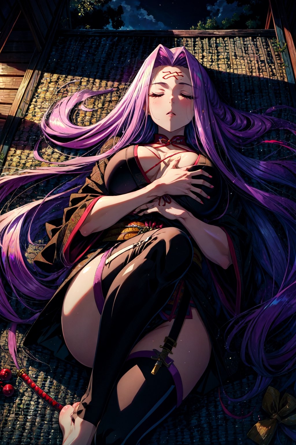 (masterpiece:1.4), (best quality:1.4), 1girl, , medusa (rider) (fate),long hair, medusa (fate), purple hair, solo, closed eyes,large breasts, very long hair, night, thighhighs, (kimono), katana, lingerie, ((meditation)), hands on feet, katanas are lying nearby,