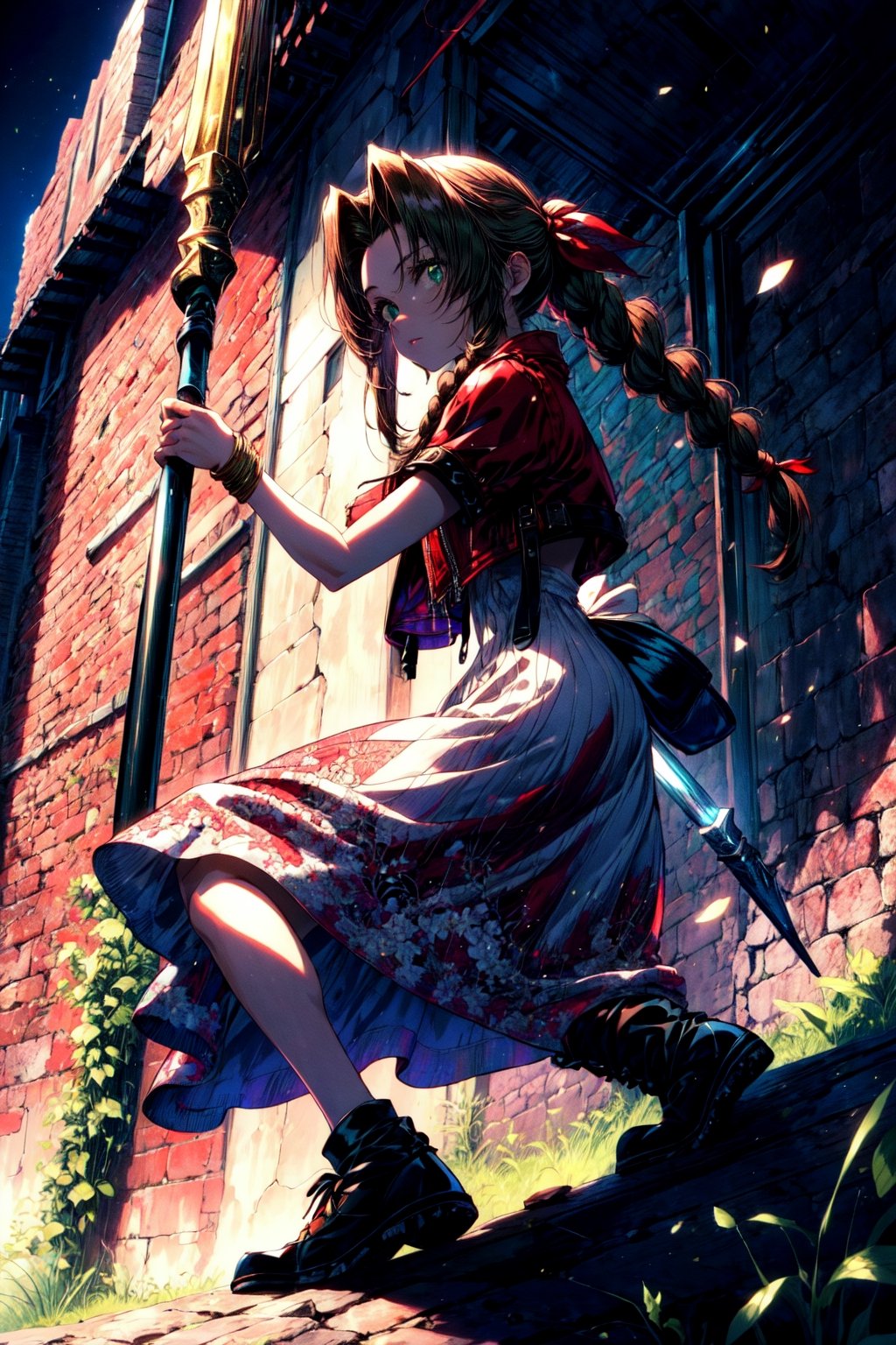 (best quality, masterpiece, colorful, highest detailed, Aerith Gainsborough), full body photo, fashion photography of double braid brunette (Aerith Gainsborough:1.3), striking clear detailed emerald green eyes, red jacket on top of long pink summer dress (high resolution textures), front view, looking at viewer, holding simple long metal double staff, action pose, bokeh, (intricate details, hyperdetailed:1.15), detailed, white background, (Final Fantasy VII official art, extreme detailed, highest detailed)