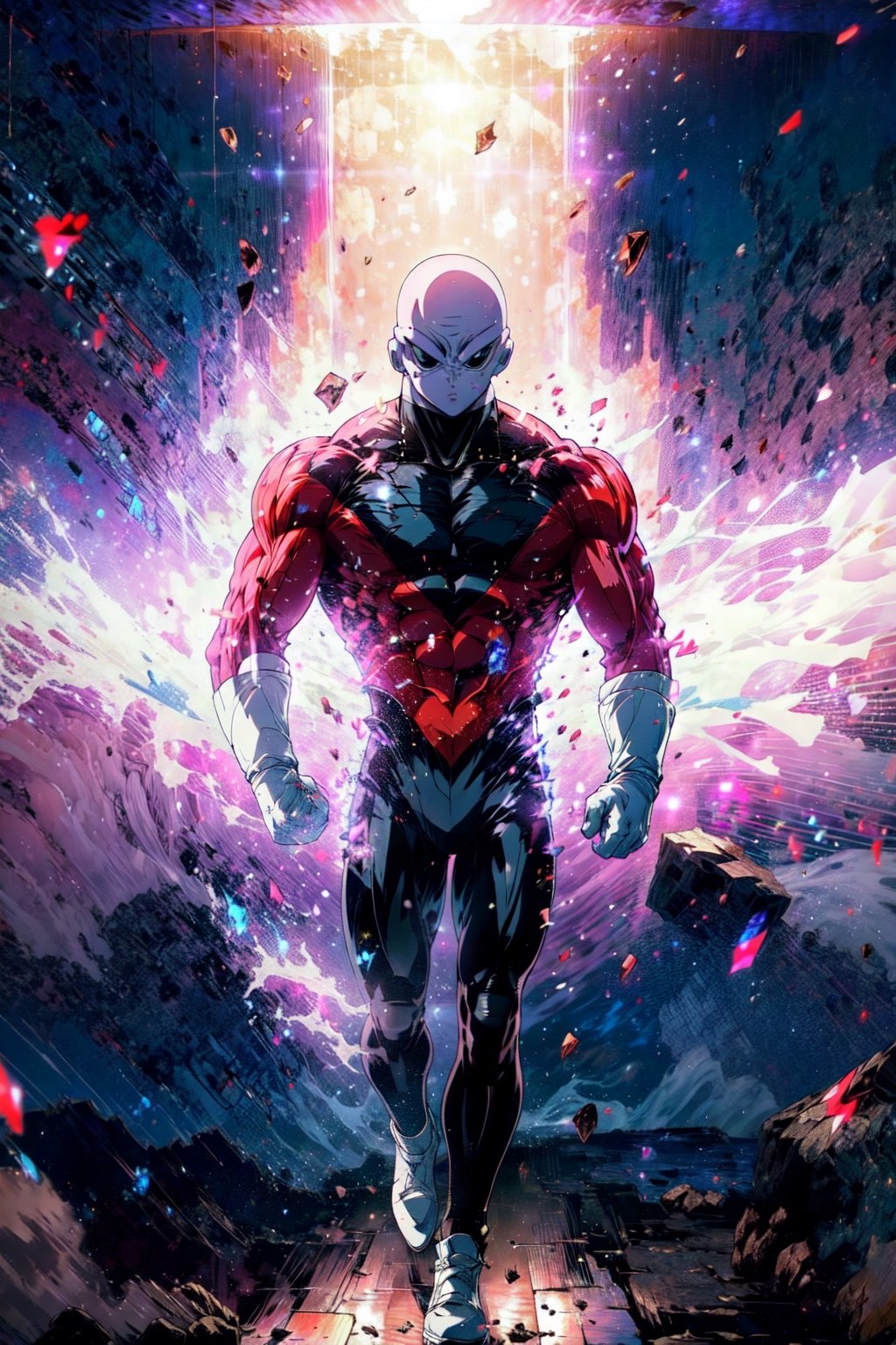 ((masterpiece, best quality)),(complex lighting),solo,1boy, full body, jiren,white gloves,bodysuit,muscular,bald , light particles, dust particles,