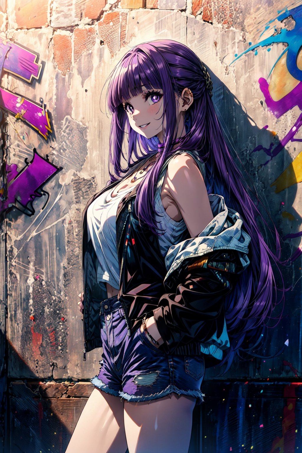 masterpiece,best quality,1girl,aafern,long hair,purple hair,blunt bangs,purple eyes,large breasts,black jacket,open jacket,white tank top,necklace,denim shorts,hands in pockets,smile,against wall,graffiti,city,cowboy shot,from side,