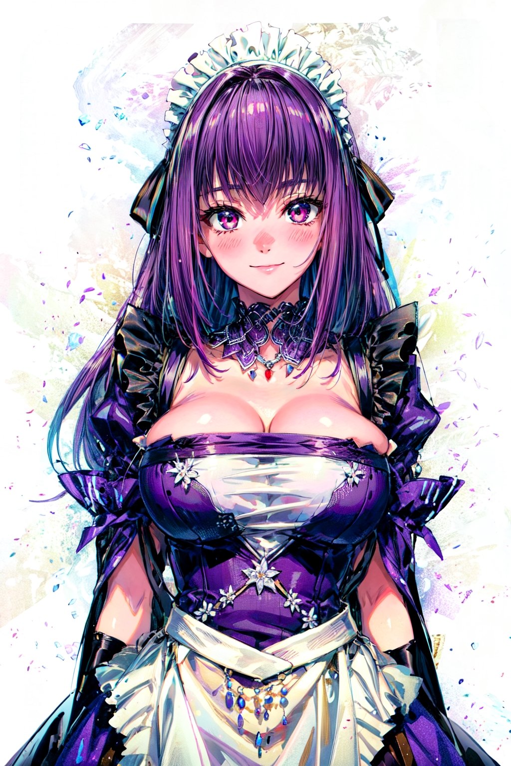 (masterpiece, best quality, high resolution:1.3), ((white background)), hyper detailed, good anatomy, amazing, beautiful detailed eyes, look at camera, blush, smile, closed mouth, 1girl, solo,, maid, purple wedding dress, skindentation, (((DefaultOutfit, C1))),