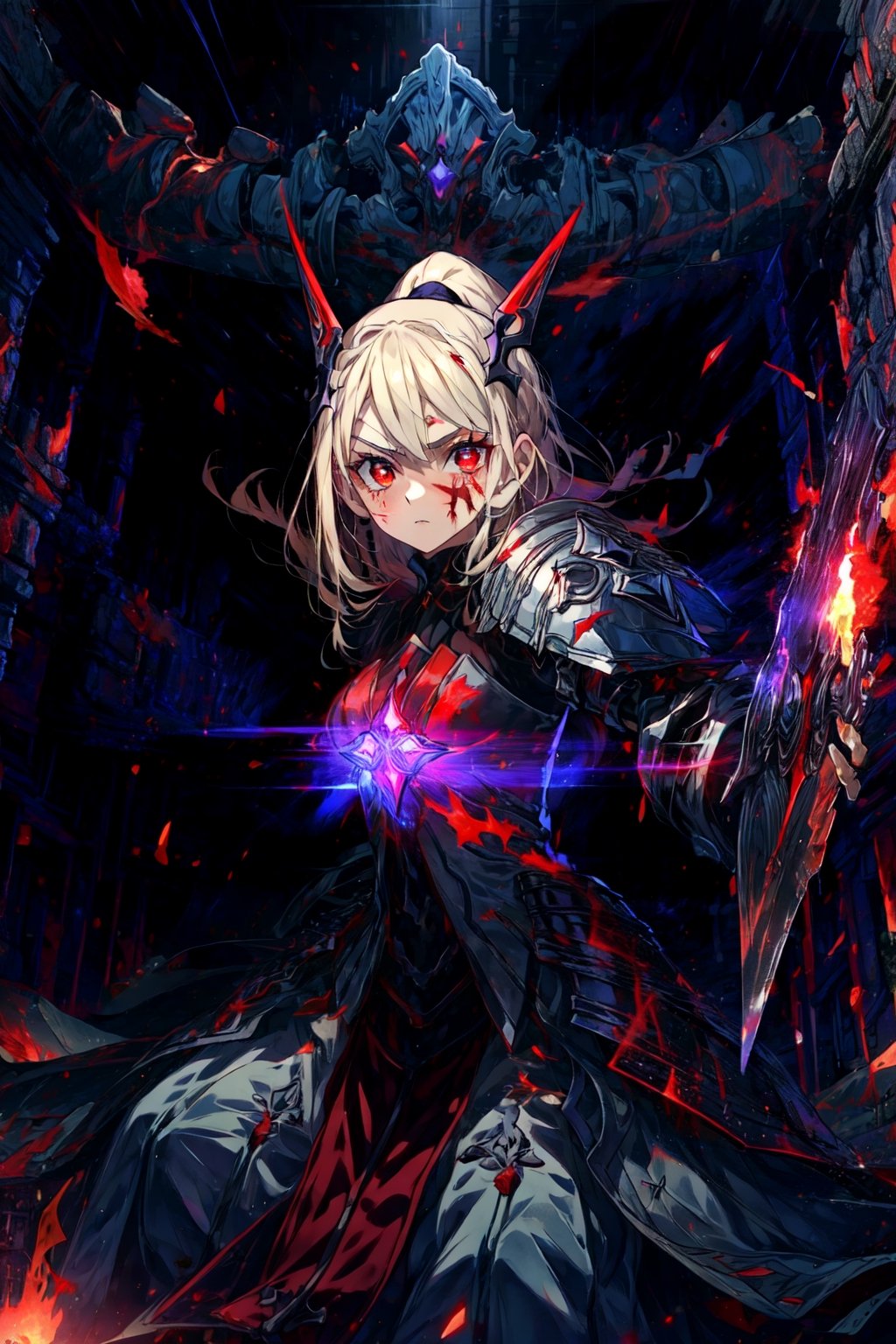 masterpiece,best quality,highres,1girl,,alternative4,hair ornaments,holding,red sword,expressionless,red eyes,black armor,middle red dress,purple theme,glowing particles,asymmetrical eyes,from side,fighting stance,dynatic angle,serious,fire,flames,cursed aura,ruins,ashes,blood,facial mark,flames,,portrait,looking at viewer,from below,cool face