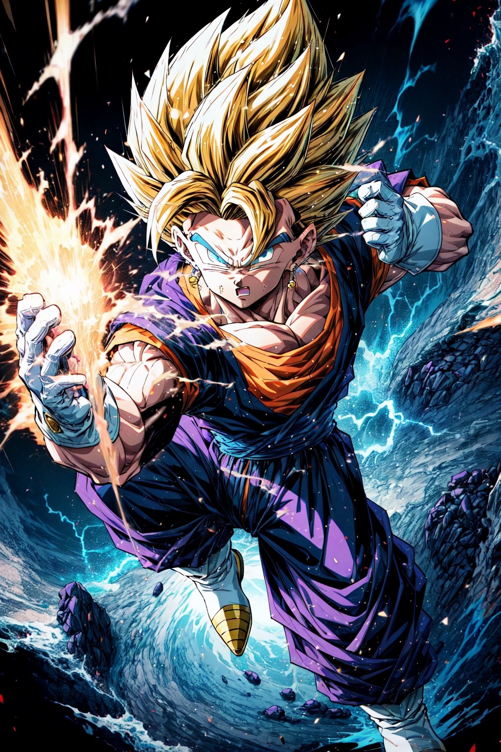 from above,one boy focus, vegetto, super saiyan, looking at viewer,fighting stance, flying, blonde spiked hair, blue eyes, dougi, white boots, white gloves, pectorals, surrounded by yellow lightning, dramtic lighting,