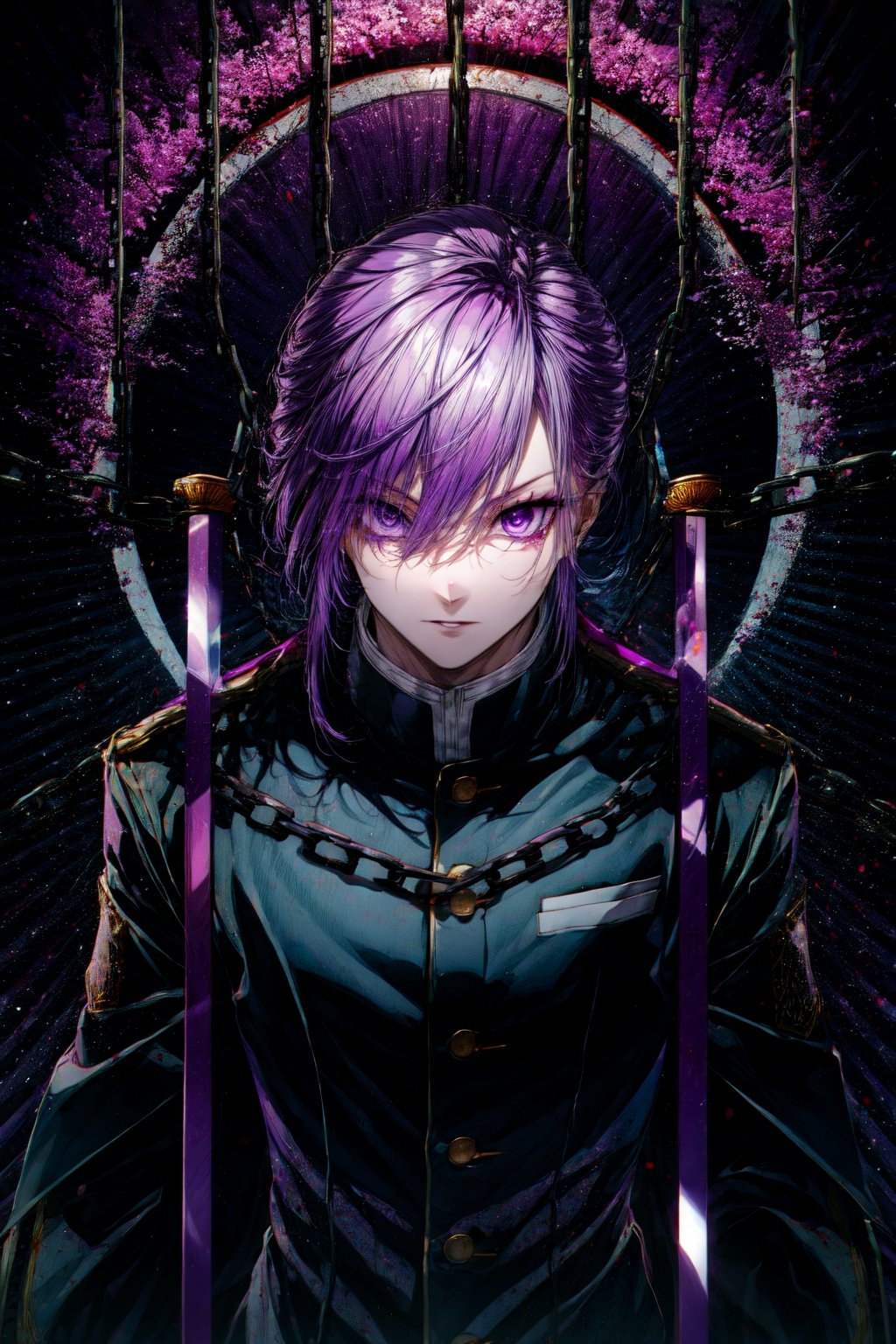 masterpiece, best quality, high detailed, high resolution, tengen, blackoutfit, dual chained swords on his back,big eyes, purple eyes