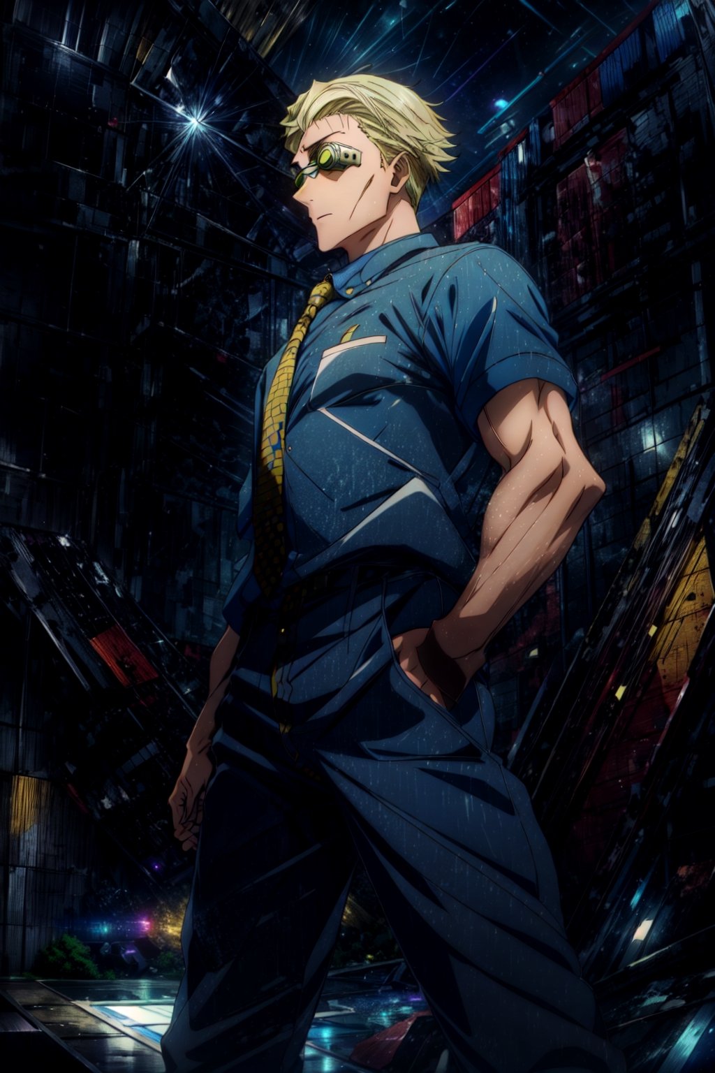 masterpiece, hyper detailed, highres, good anatomy, solo, nanami, blue shirt, suit, yellow tie, action pose, night sky, pants, goggles, square jaw