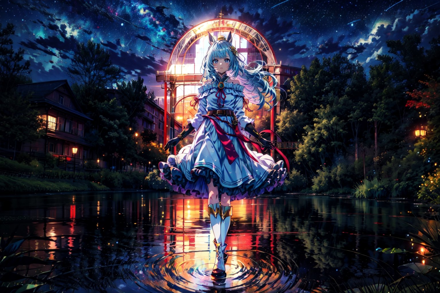 (masterpiece, high quality, best quality, detailed, anime:1.4), 1girl, solo, upper body, night, (lake, outdoor:1.2), (starry sky background:1.2), from back, straight hair, standing  k.s.miracle \(umamusume\), ear covers, blue shirt, collared shirt, blue coat, open coat, white ascot, brooch, jewelry, white gloves, half gloves, long sleeves, belt, black pants, thigh strap, tailcoat, boots  mejiro ardan \(umamusume\), ear ornament, black gloves, white gloves, asymmetrical gloves, mismatched gloves, detached sleeves, puffy sleeves, short sleeves, long sleeves, asymmetrical sleeves, uneven sleeves, ribbon, bare shoulders, off-shoulder dress, black dress, frilled dress, center frills, knee boots, asymmetrical footwear, mismatched footwear