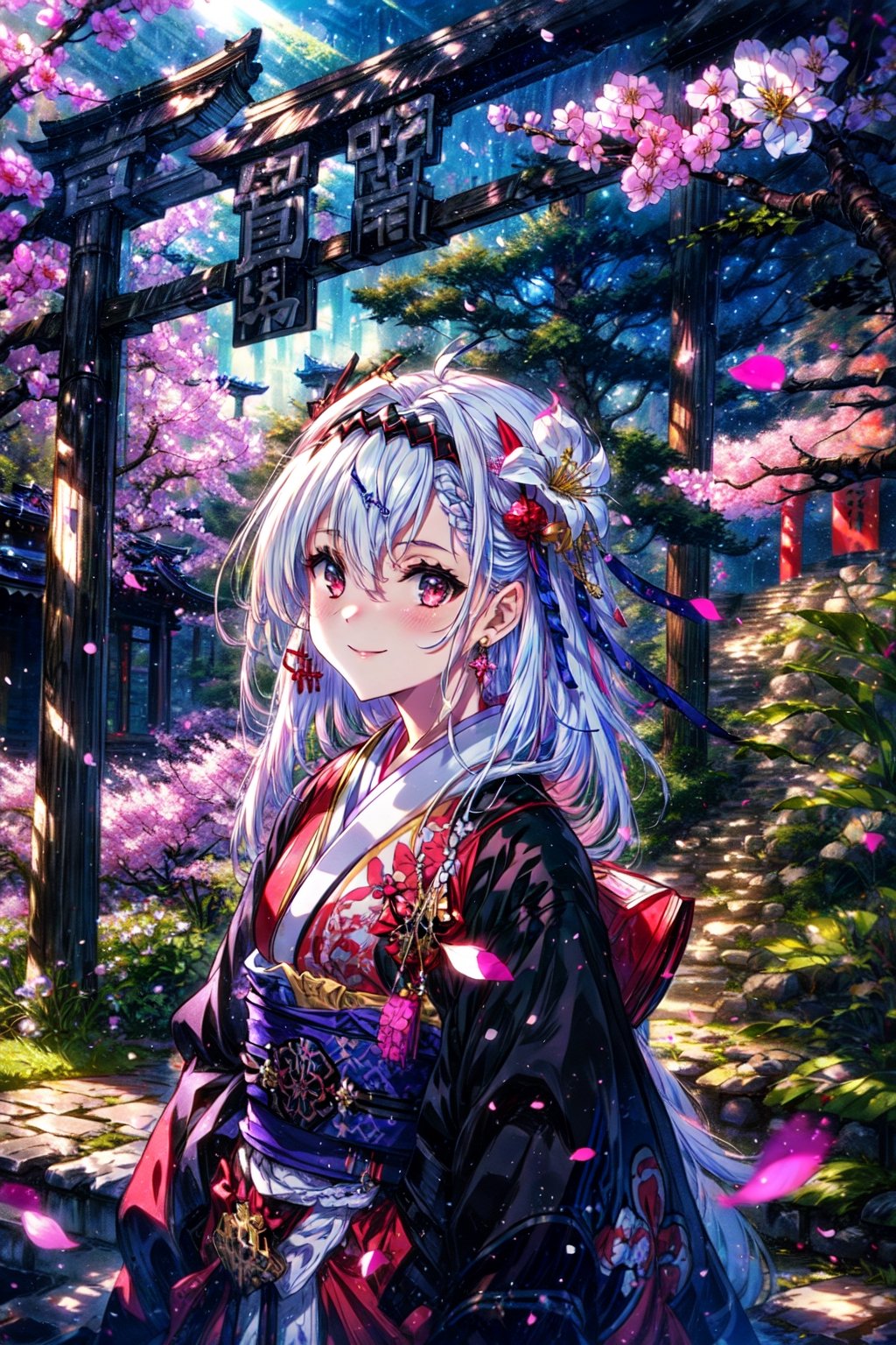 masterpiece,best quality,highres,cinematic lighting,dramatic angle,1girl,,white hair,red eyes,hair ornament,furisode,costume7,cherry blossoms,looking at viewer,tilting head,blush,smile,long sleeves,ribbon,braid,flower,hairband,japanese clothes,kimono,sash,petals,obi,sunshine,torii,depth of field,bricks,jinja