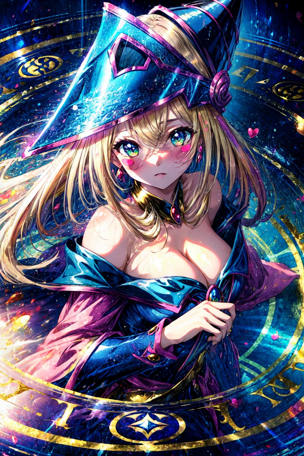 masterpiece, best quality, highres, hmdmg1, wizard hat, blush, blush stickers, cleavage, bare shoulders, dress, off shoulder, , command spell, magic, magic circle,