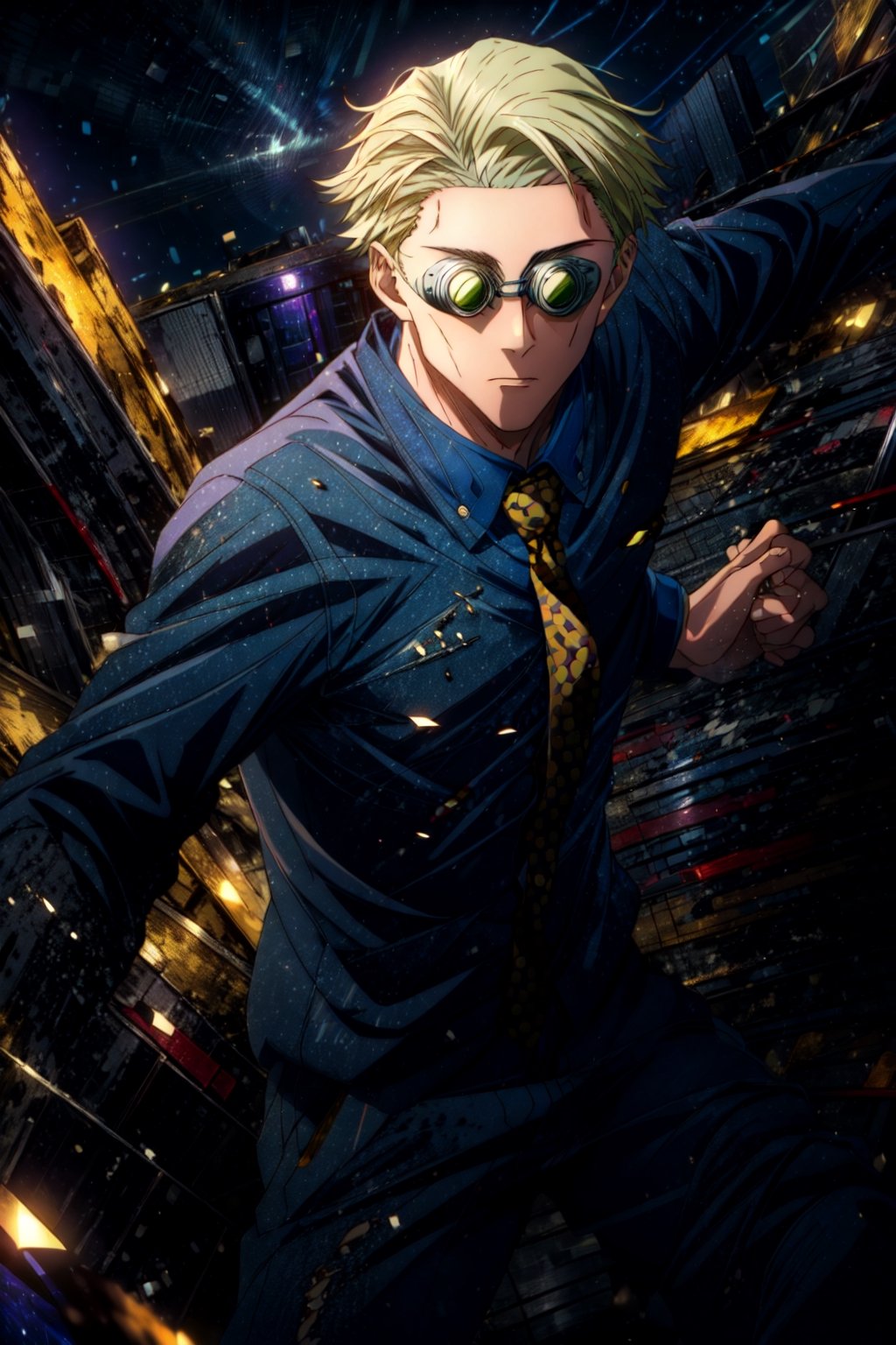 masterpiece, hyper detailed, highres, good anatomy, solo, nanami, blue shirt, suit, yellow tie, action pose, night sky, pants, goggles, square jaw