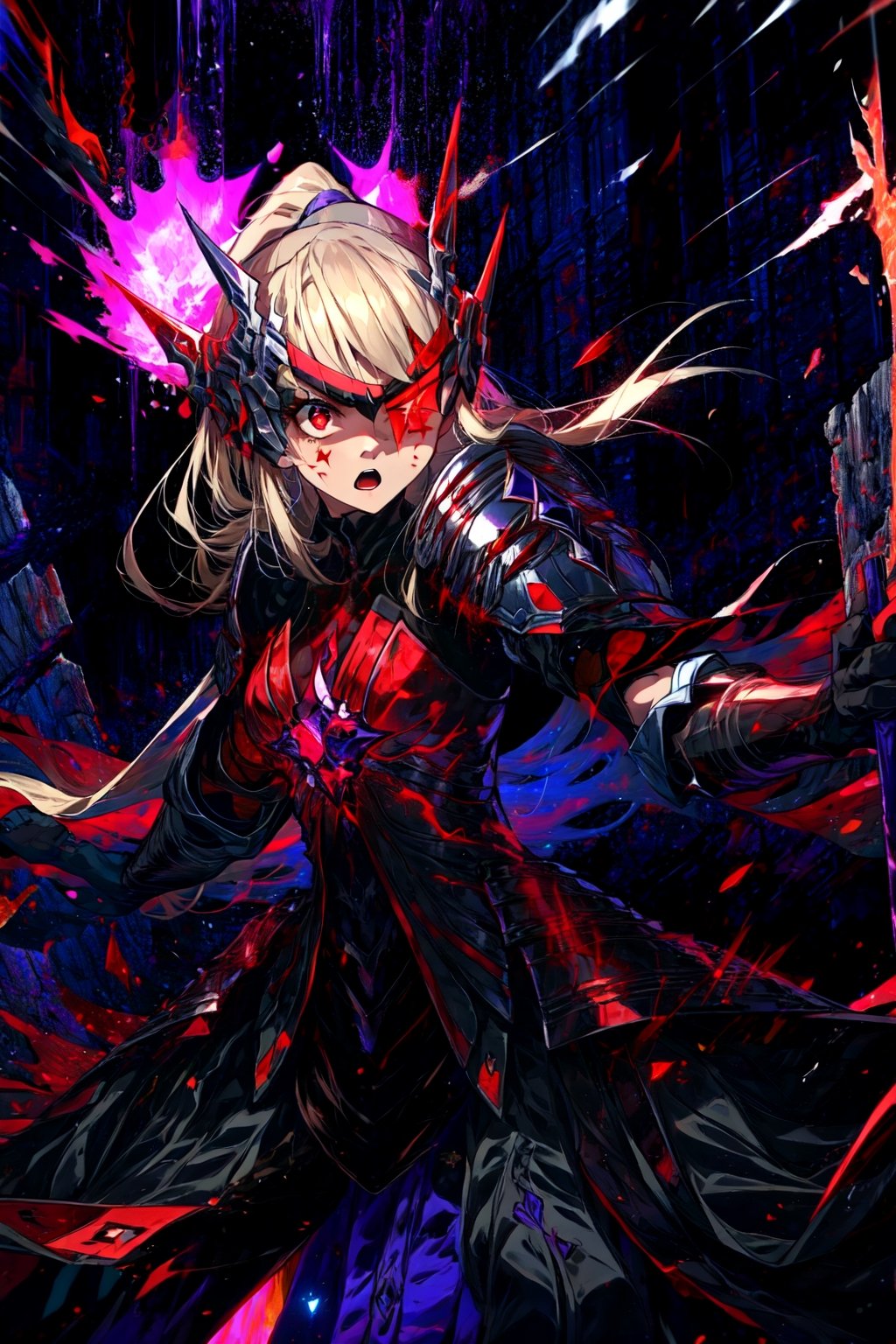 masterpiece,best quality,highres,1girl,,looking at viewer,alternative3,black helmet,covered eye,holding,red sword,expressionless,red eyes,,black armor,middle red dress,purple theme,glowing particles,asymmetrical eyes,from side,fighting stance,dynatic angle,roar,battlecry,open mouth,angry,fire,flames,cursed aura,ruins,ashes,blood,facial mark