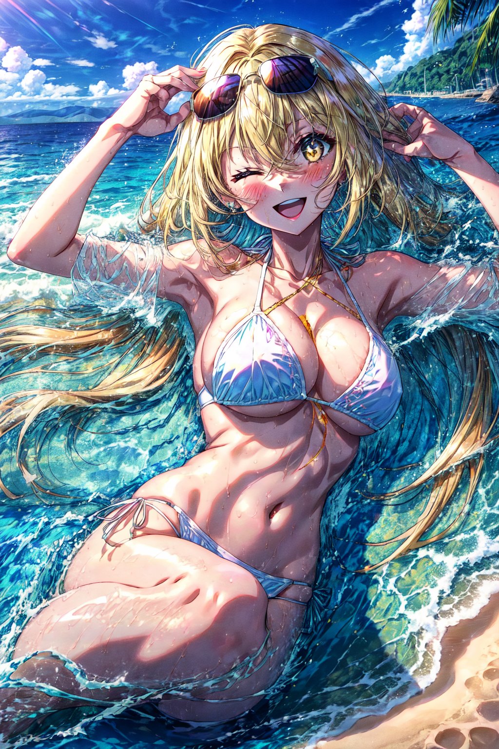 score_9, score_8_up, score_7_up, score_6_up,source_anime, BREAK, shokuhou misaki, sparkling eyes, 1girl, swimsuit, large breasts, sunglasses, blonde hair, side-tie bikini bottom, long hair, one eye closed, beach, outdoors, navel, ocean, eyewear on head, smile, lying, cleavage, day, open mouth, looking at viewer, star print, on side, blue sky, halterneck, white bikini, yellow eyes, water, collarbone, stomach, blush, hair between eyes, ;d, string bikini, teeth,