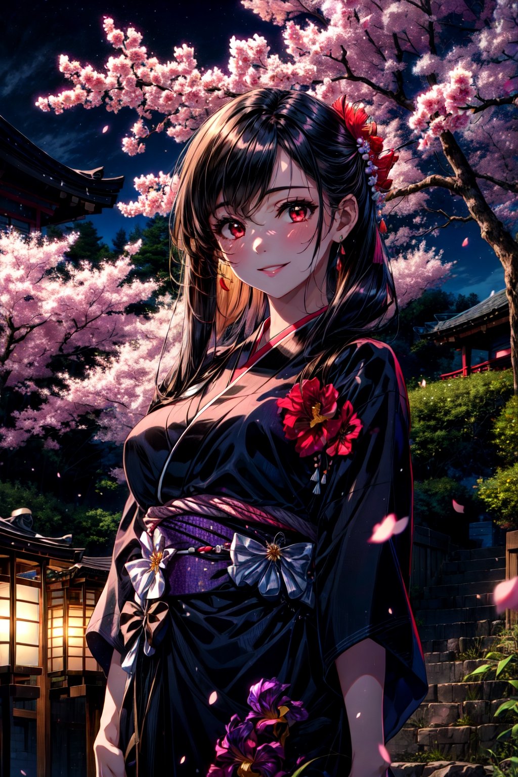 (8k, best quality, masterpiece:1.2), (realistic, photo-realistic:1.37), floral yukata, night, japanese festival, whole body, looking at camera, ultra-detailed, 1 girl, cute, solo,beautiful detailed sky, cherry blossoms,smile, park, looking at camera, whole body, smile,, tifa lockhart. red eyes, black hair, long hair, tifa, red iris,