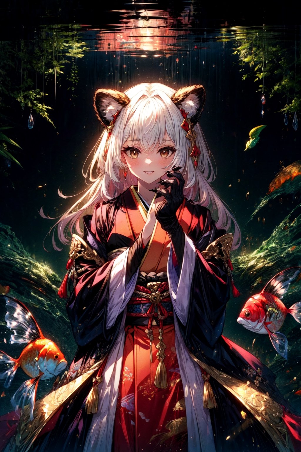 masterpiece,best quality,highres,cinematic lighting,dramatic angle,1girl, ,1girl,animal ears,japanese clothes,black open jacket,obi,smile,hand on own cheek,looking at viewer,black hair,brown eyes,bamboos,goldfish,dynatic pose,cowboy shot,KIND,gold-trimmed,magic,multicolored hair,white hair,frills,claws,elbow gloves,(open mouth:0.43),magic,feast,foods