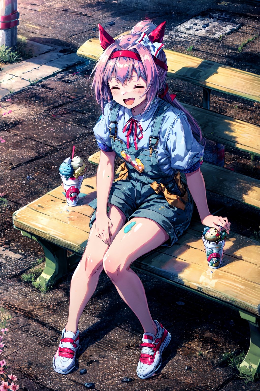 masterpiece, best quality, haru urara \(umamusume\), from above, open mouth, smile, closed eyes, full body, sitting, on bench, holding ice cream cone, holding, casual, ponytail, ear covers, hair bow, long hair, red headband, pink vest, puffy short sleeves, white sleeves, neck ribbon, red ribbon, collared shirt, overall shorts, blue overalls, sneakers, pink footwear