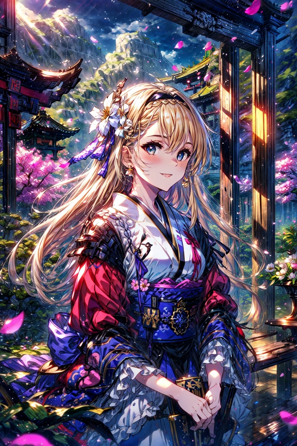 masterpiece,best quality,highres,cinematic lighting,dramatic angle,1girl,,blonde hair,blue eyes,hair ornament,furisode,costume8,cherry blossoms,looking at viewer,tilting head,blush,smile,long sleeves,ribbon,braid,flower,hairband,japanese clothes,kimono,sash,petals,obi,sunshine,torii,depth of field,bricks,jinja,CLOUD