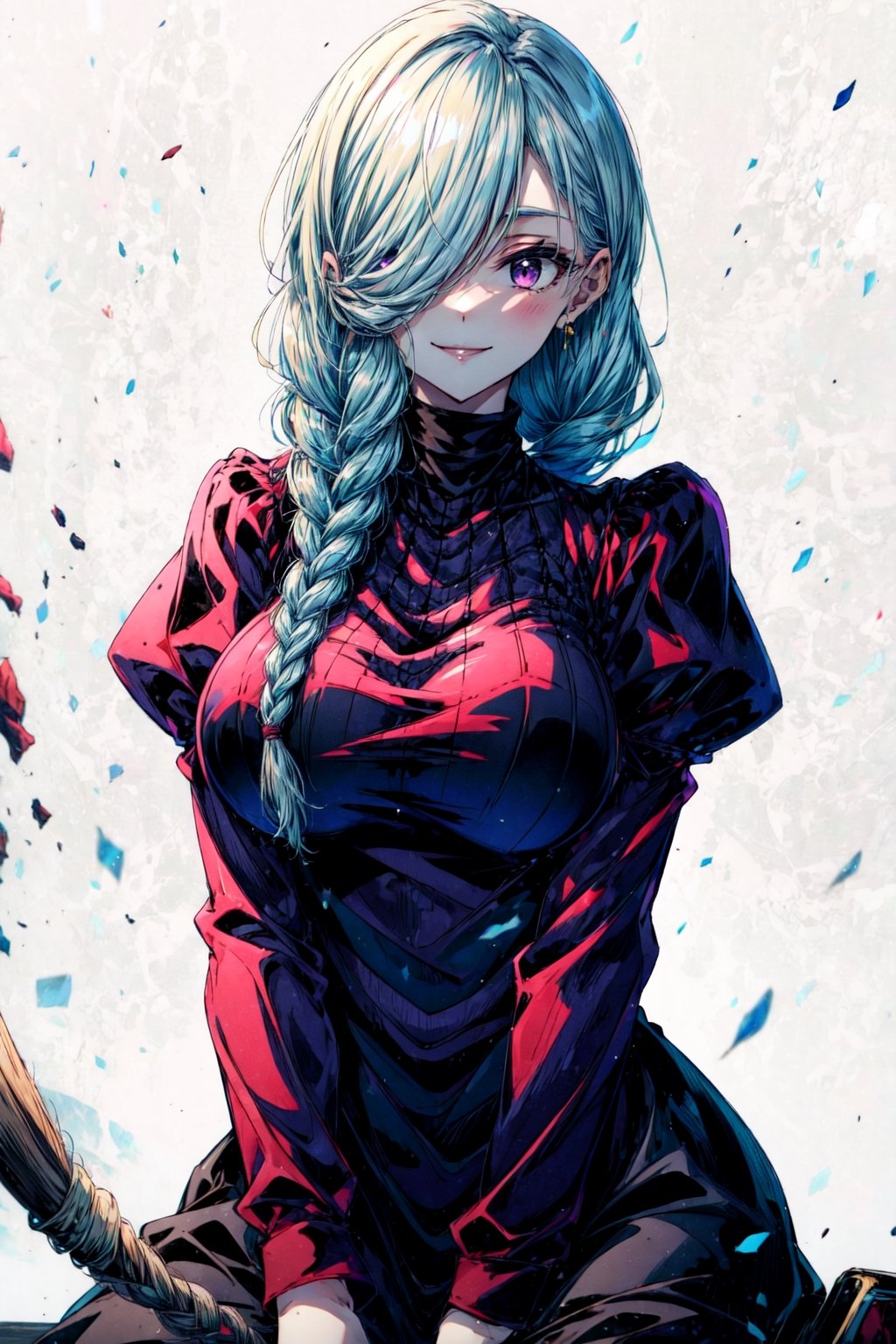 masterpiece, best quality, simple background, meidef, 1girl, solo, looking at viewer, wariza, purple eyes, long hair, braid, single braid, braided bangs, white hair, grey hair, hair over one eye, braided ponytail, long sleeves, breasts, dress, puffy sleeves, black dress, turtleneck dress, juliet sleeves, evil smile, large breasts