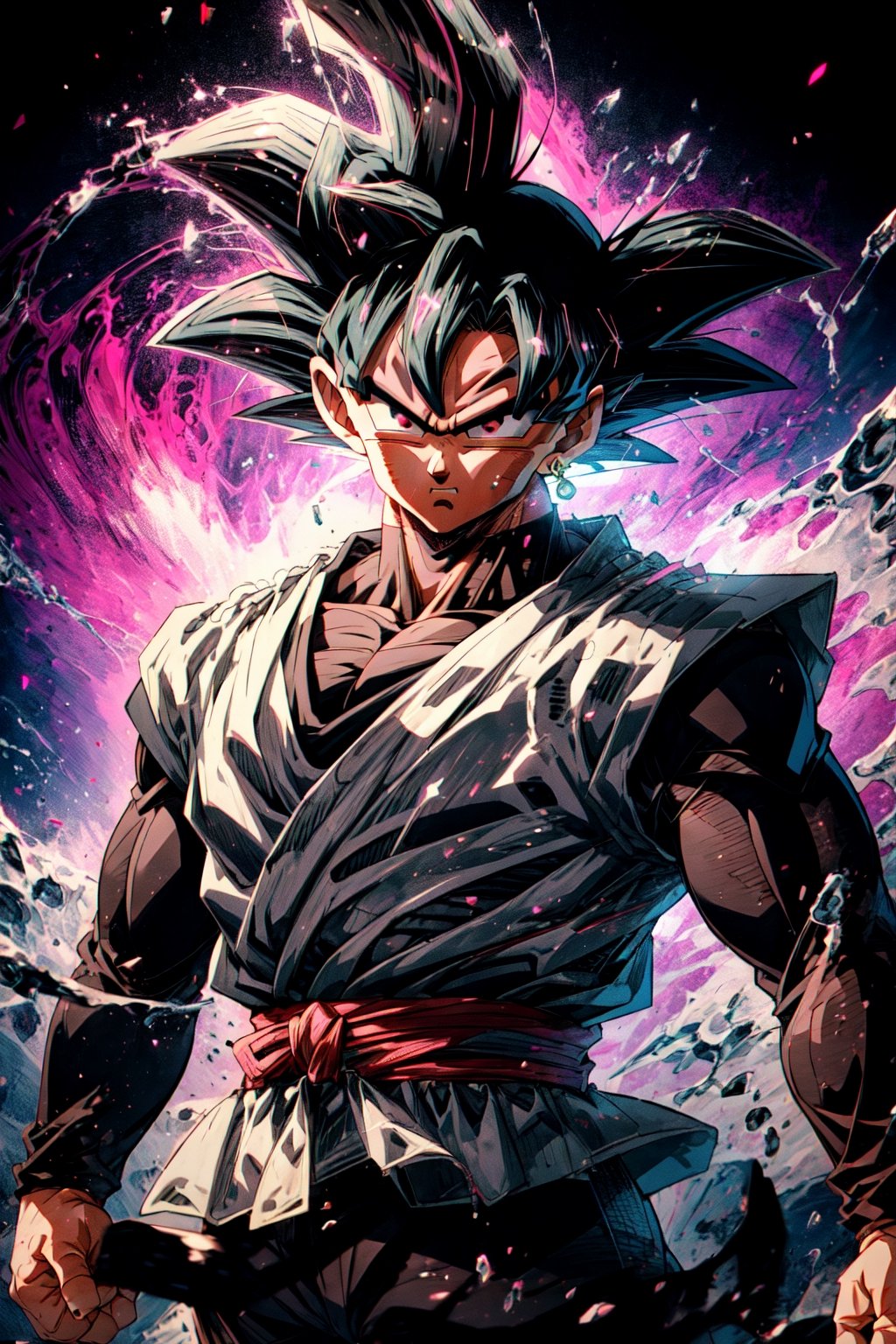 solo,((goku)),(muscular1.1),(cowboy shot:1.4),black_background,boichi manga style,blasting kamehameha,, intricate details, best quality, 8k uhd, soft lighting, 1boy, solo, spiked hair, pink hair, pink eyes, super saiyan, single earring, dougi