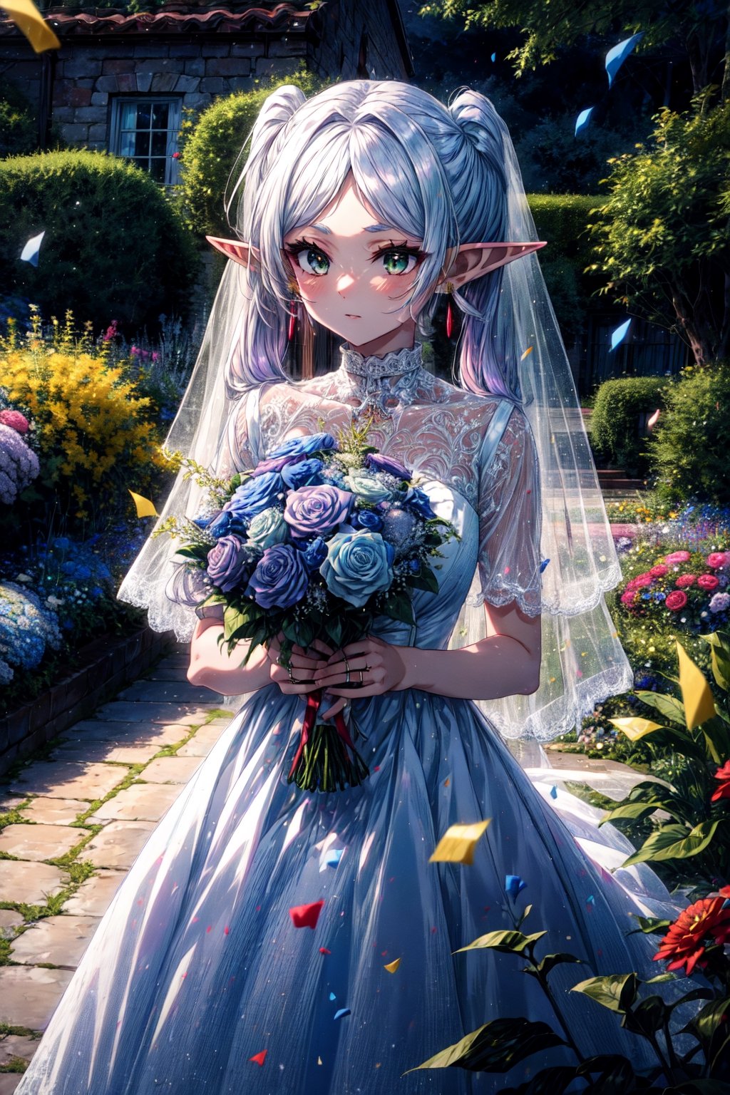 masterpiece, best quality, highres, aafrie, long hair, white hair, twintails, pointy ears, earrings, thick eyebrows, , wedding dress, white dress, garden, holding bouquet, confetti,