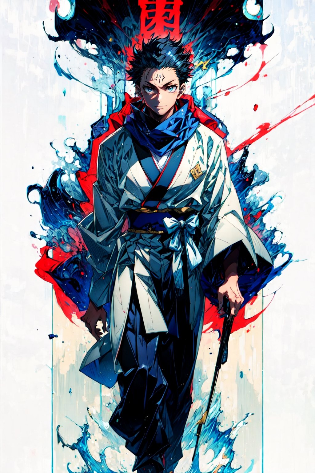 masterpiece,high quality,solo, simple background,,RyomenSukuna,1man, blue scarf,japanese clothes,white kimono,wide sleeves,long sleeves, obi, tabi,zouri,walking,SUKUNA