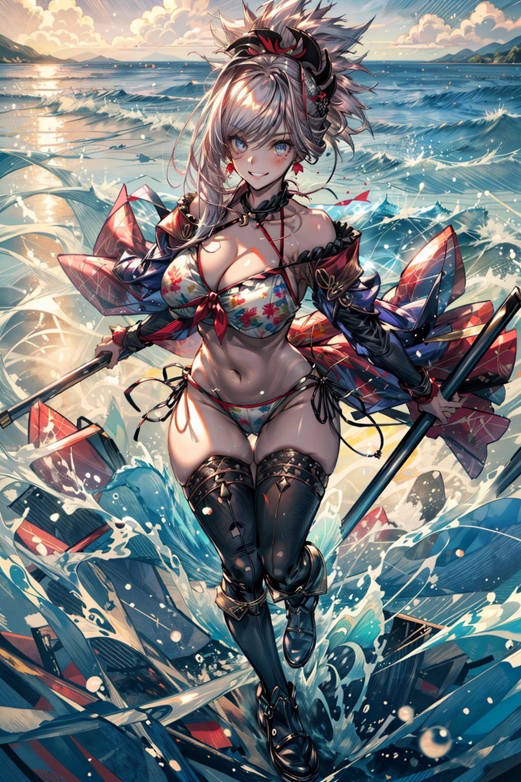 masterpiece,best quality,1girl,miyamoto musashi \(fate\),StormsandWaves,Lace Bikini,huge breasts,wide hips,thick thighs,buoy,smirk,dynamic pose, FGOMusashi:0.8,