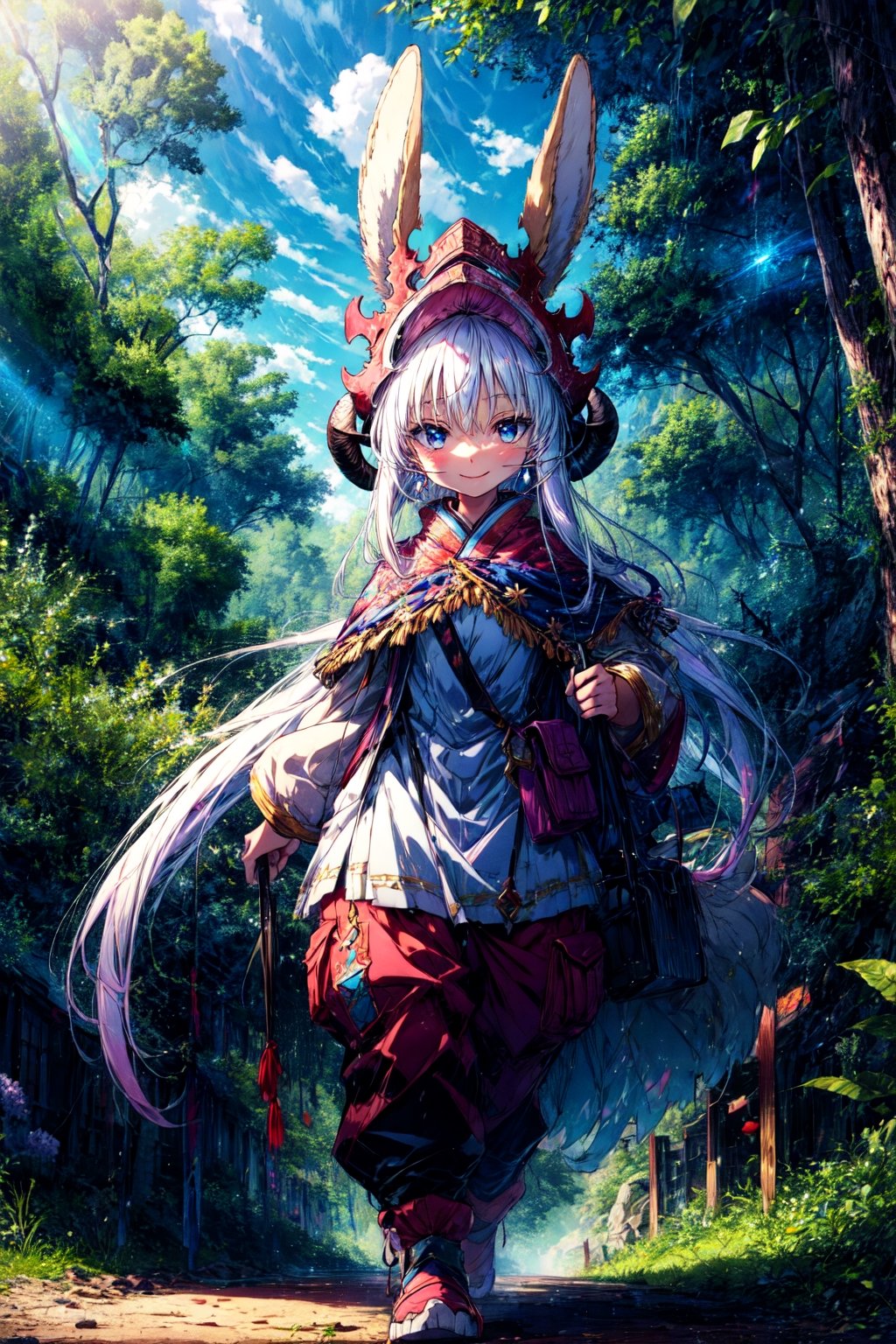 (by kame 3:0.6), (by kemokin mania:0.4), outdoors, forest, foliage, standing BREAK nanachi, narehate, white hair, horned helmet, headdress, pants, smile, looking at viewer