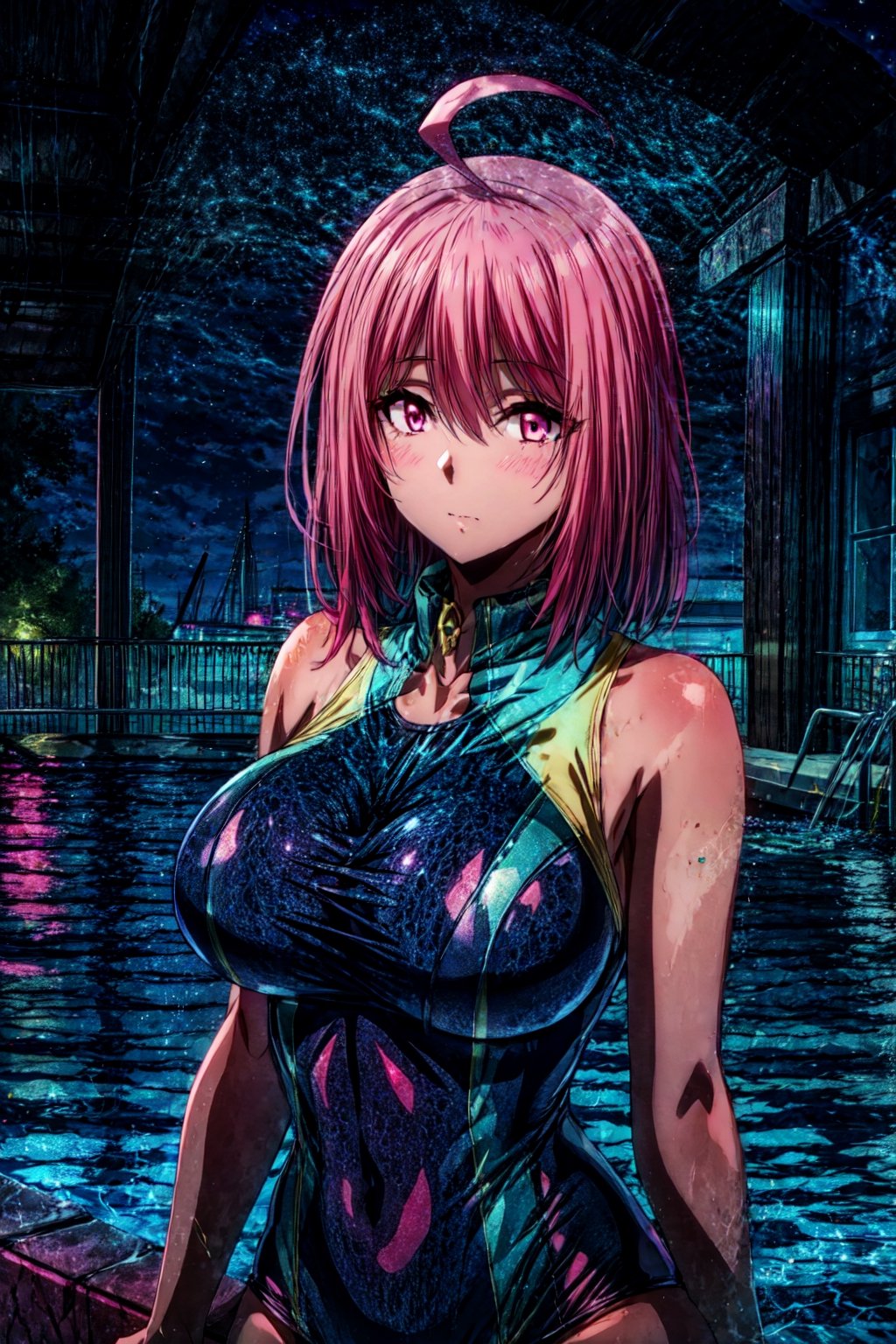 Sherry Barnett, 1lady,(mature female),(milf), 1lady,long hair,ahoge,pink hair, pink eyes, (school swimsuit:1.3),poolside, pool, (night:1.58), highres,official art,original,masterpiece,best quality, (large breasts), face lighting,cinematic lighting,caustics,