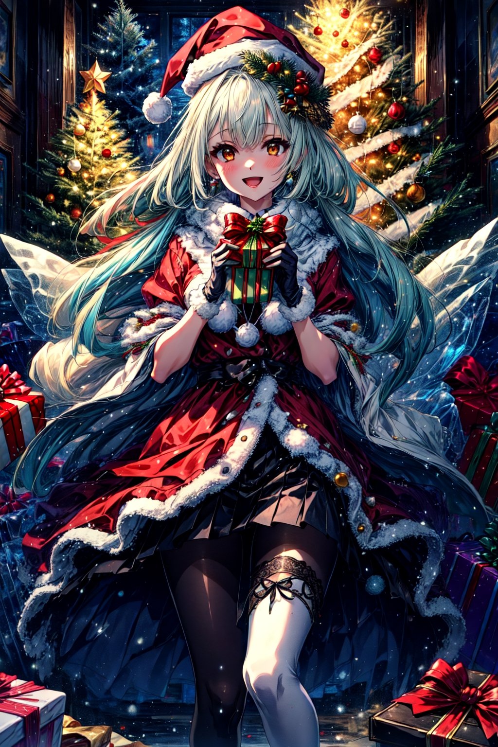 masterpiece,best quality,highres,cinematic lighting,dramatic angle,1girl,light blue hair,orange eyes,MiyakoChristmas,happy,,white and red dress,thick coat,fur trim,ribbons,bowtie,hat,pantyhose,gloves,holding gift box,christmas streetscape,christmas trees,stars,presenting gift box to viewer,:d,