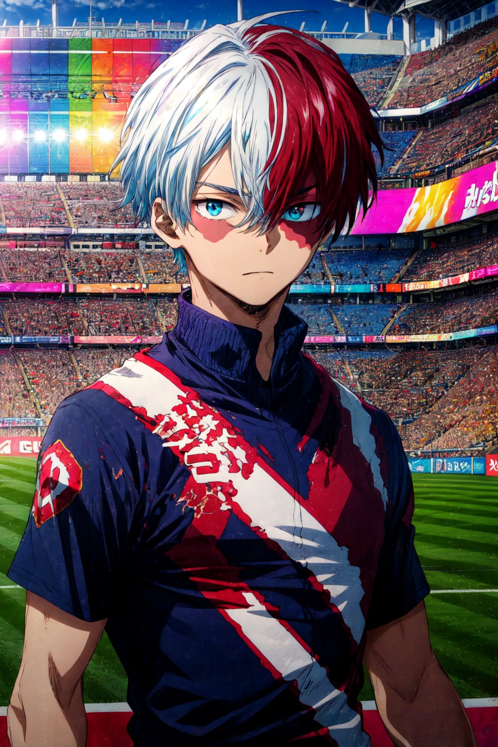 score_9, score_8_up, score_7_up, score_6_up, score_5_up, score_4_up, BREAK source_anime, (best quality:1.1), (masterpiece:1.4), looking at viewer, upper body, , 1boy, solo, male focus, , shouto_todoroki, white hair, red hair, grey eyes, blue eyes, heterochromia, two-tone hair, split-color hair, multicolored hair, , scar, scar on face, burn scar, , stadium, ,