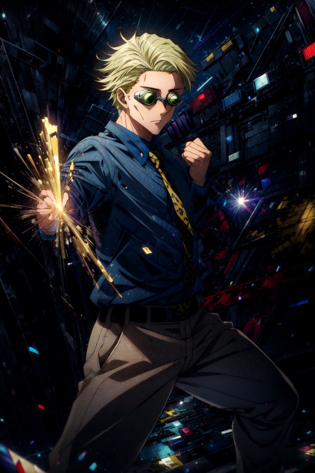 masterpiece, hyper detailed, highres, good anatomy, solo, nanami, blue shirt, suit, yellow tie, action pose, night sky, pants, goggles, square jaw