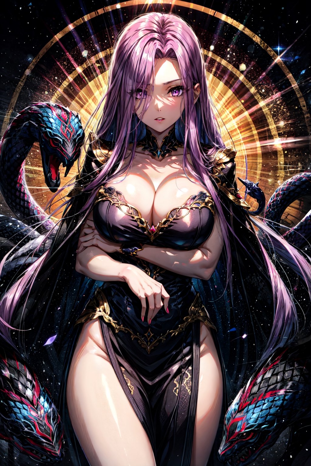 ((MedGorg)), 1girl, solo, long hair, looking at viewer, large breasts, cleavage, very long hair, purple eyes, collarbone, purple hair, parted lips, huge breasts, parted bangs, bustier, slit pupils, cowboy shot, scales, snake hair,EpicArt,Circle