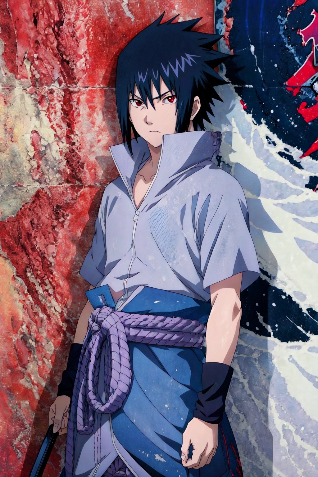 score_9,score_8,score_7,score_6,score_5,score_4,source_anime, Sasuke Uchiha, black hair, spiky hair, red eyes, gray shirt with short sleeves,black arm guard,light purple belt, 1boy, solo, serious, looking at viewer,black eyes