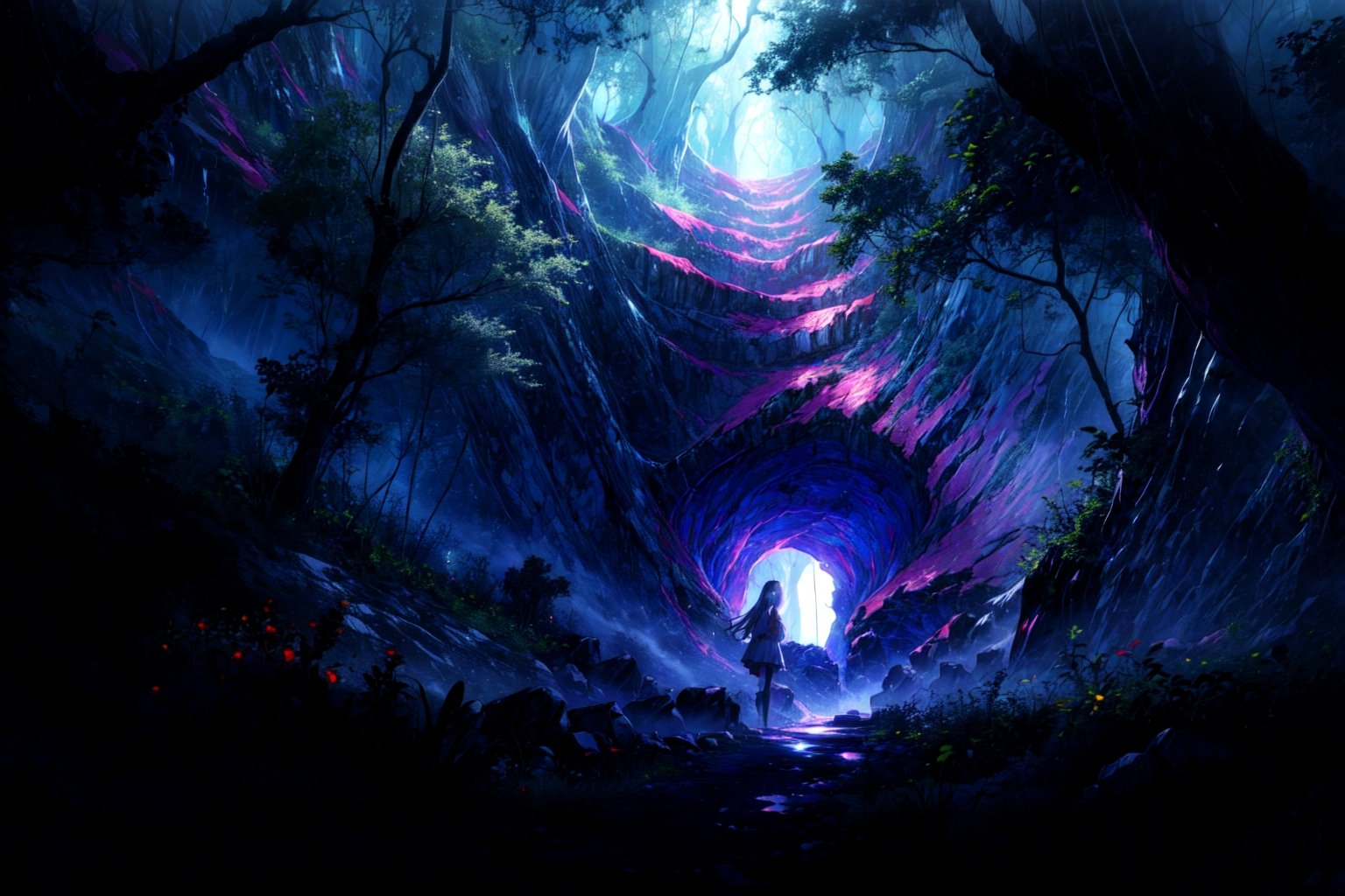 (masterpiece, best quality), 1girl, beautiful face, nanachi, full body, scenary, Magnificent, bright eyes, sitting, nature dark, dark trees, fog in deep, abyss in top, View from below, Spiral cave /(deep abyss/),