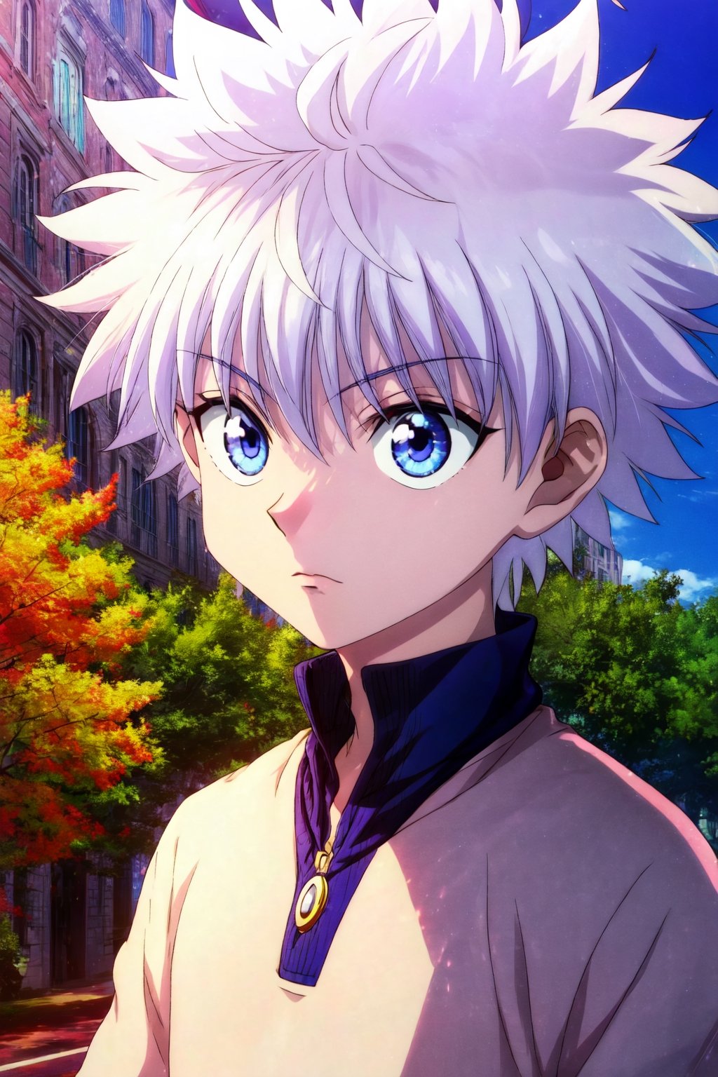 1boy ,killua_zoldyck, solo, park, wearing cap,sunshine,best_quality,looking away