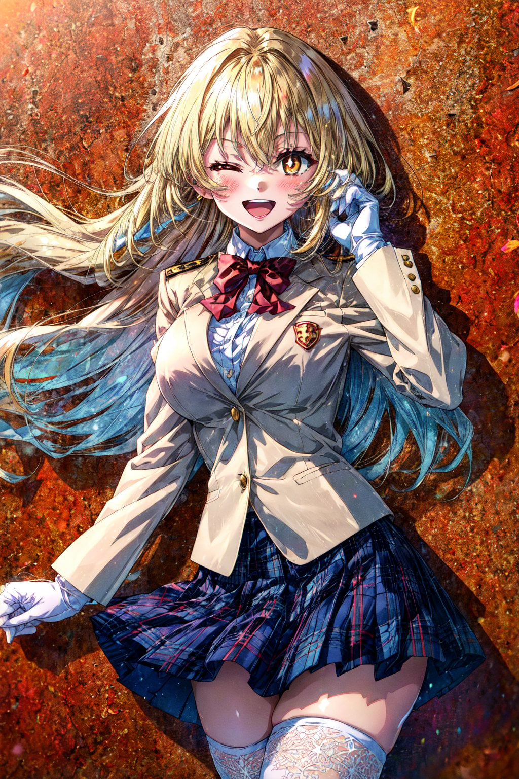 score_9, score_8_up, score_7_up, score_6_up BREAK shokuhou misaki, sparkling eyes, 1girl, blonde hair, large breasts, long hair, white thighhighs, winter uniform, brown jacket, tokiwadai school uniform, one eye closed, plaid skirt, white elbow gloves, red bow, blazer, smile, white shirt, red bowtie, open mouth, school emblem, looking at viewer, collared shirt, long sleeves, w, brown eyes, pleated skirt, orange background, hair between eyes, ;d, blush, upper teeth only, miniskirt, yellow pupils, thighs, cowboy shot, 