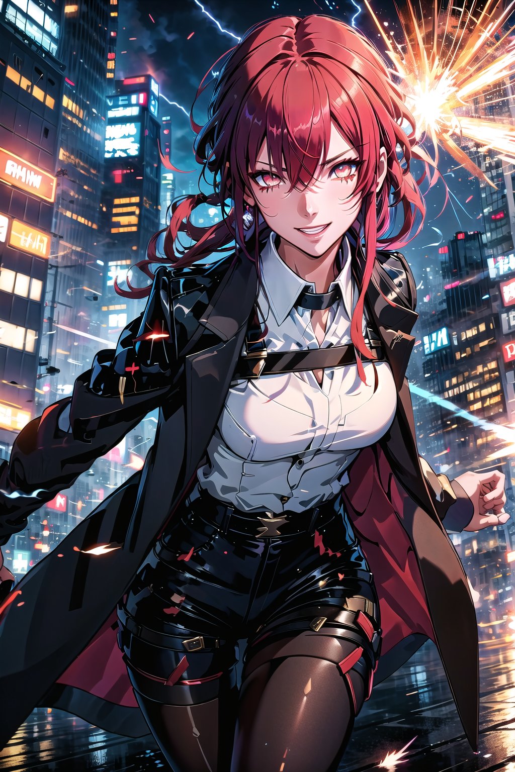 guiltys, angry, a girl, white eyes, red hair, fighting, upper body, (bokeh:1.1), depth of field, by Akihiko Yoshida, tracers, vfx, splashes, lightning, light particles, city background, masterpiece, best quality, (detailed background), (beautiful detailed face, beautiful detailed eyes), absurdres, highres, ultra detailed, masterpiece, best quality, detailed eyes, Kafka(hsr), collared shirt, cowboy shot, simple background, shorts, sunglasses, eyewear on head, solo, pantyhose, black shorts, coat, long sleeves, smiling, upper_body