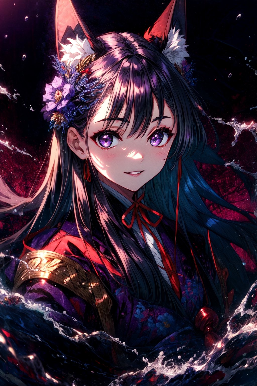 masterpiece,best quality,highres,cinematic lighting,dramatic angle,,1girl,animal ears,hair ornament,purple eyes,black hair,long hair,smile,parted lips,looking at viewer,cowboy shot,japanese clothes