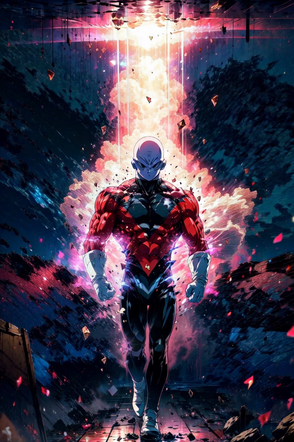 ((masterpiece, best quality)),(complex lighting),solo,1boy, full body, jiren,white gloves,bodysuit,muscular,bald , light particles, dust particles, walking,