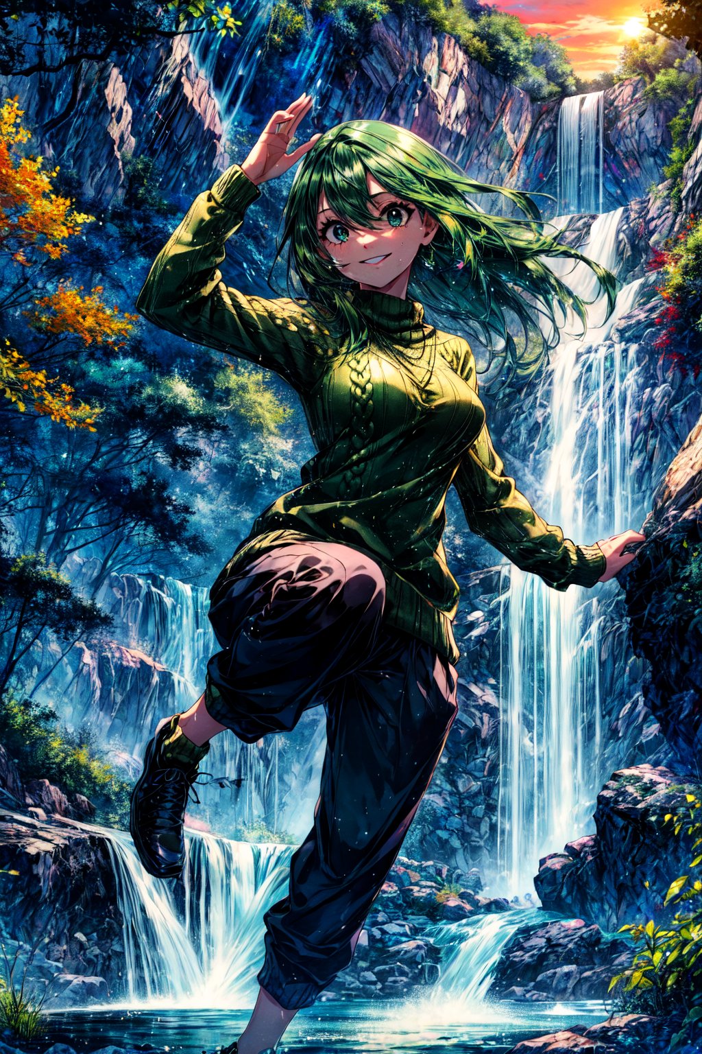 ((best quality)), ((highly detailed)), masterpiece, absurdres, extremely detailed face, beautiful face, (detailed eyes, deep eyes), , (1girl), dynamic pose, full body}, , tsuyu, ((green hair)), very long hair, black eyes, :>:1.2, medium breasts, smiling, , green ((sweater)), long sleeves, black sweatpants, black shoes, (outdoors, at a waterfall, morning, sunrise)