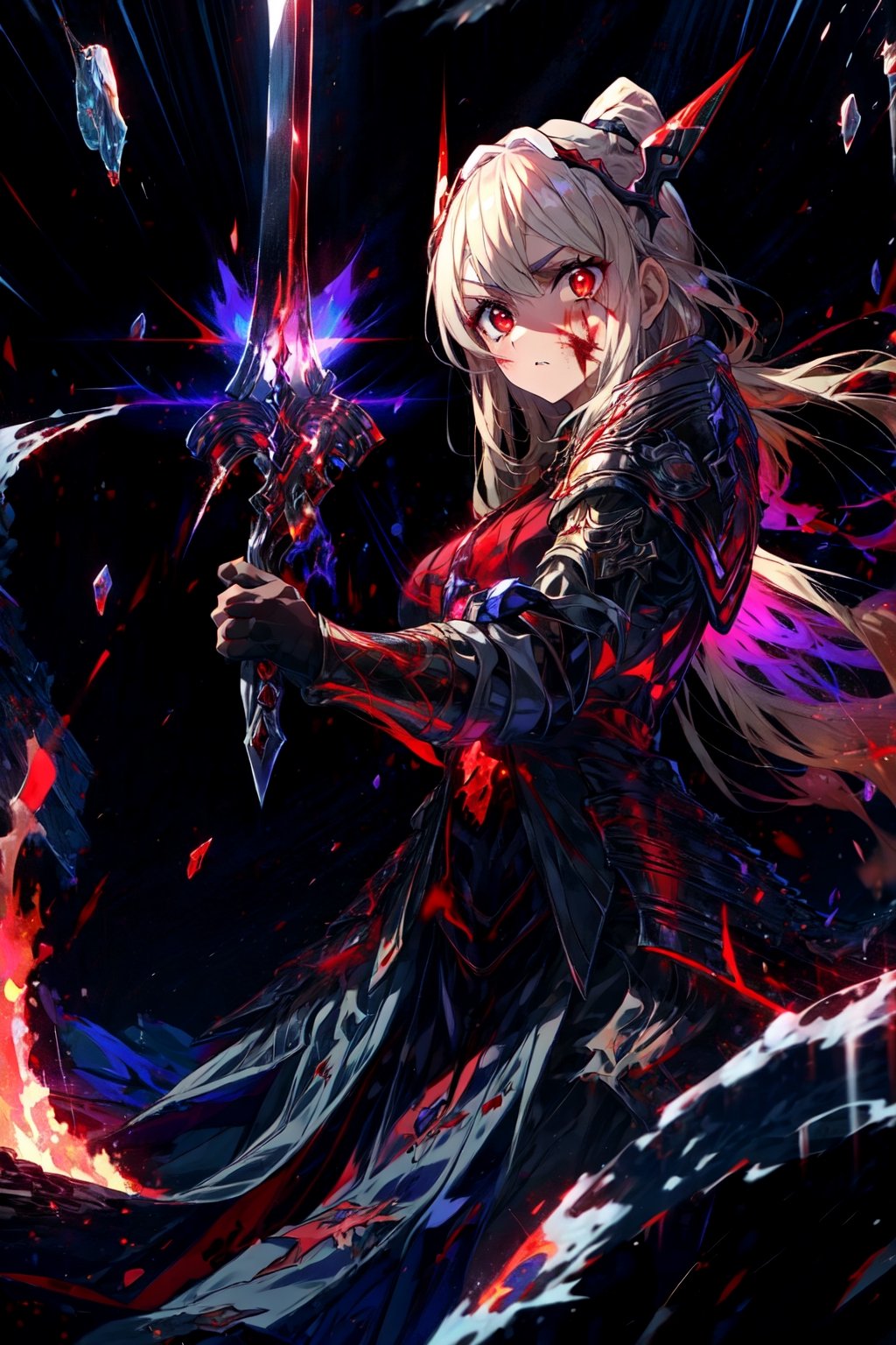 masterpiece,best quality,highres,1girl,,alternative4,hair ornaments,holding,red sword,expressionless,red eyes,black armor,middle red dress,purple theme,glowing particles,asymmetrical eyes,from side,fighting stance,dynatic angle,serious,fire,flames,cursed aura,ruins,ashes,blood,facial mark,flames,,portrait,looking at viewer,from below,cool face