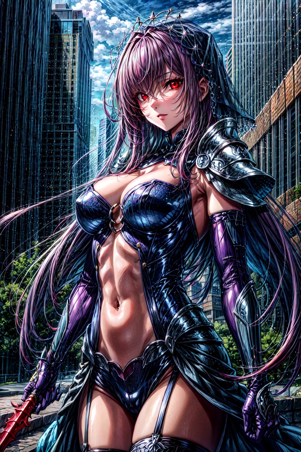 scathach, , scathach, long hair, purple hair, (red eyes:1.5), BREAK armor, bodysuit, covered navel, pauldrons, shoulder armor, veil,, BREAK outdoors, city, BREAK looking at viewer, BREAK , (masterpiece:1.2), best quality, high resolution, unity 8k wallpaper, (illustration:0.8), (beautiful detailed eyes:1.6), extremely detailed face, perfect lighting, extremely detailed CG, (perfect hands, perfect anatomy),FGO
