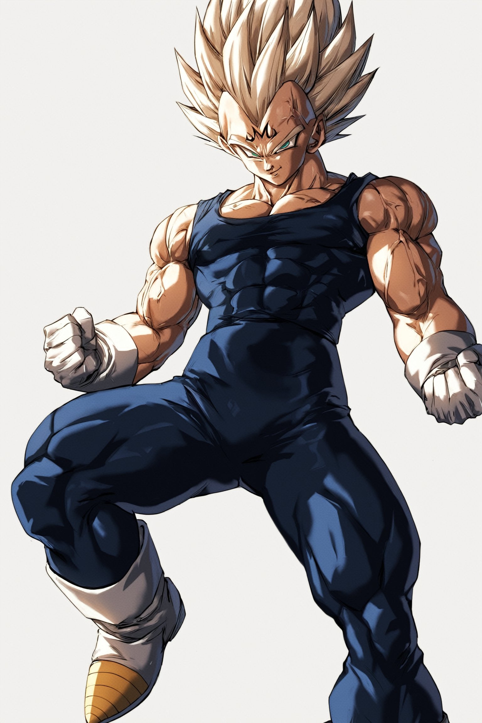 score_9, score_8_up, score_7_up, source_anime, high detail, high quality, perfect face, perfect eyes, well-drawn eyes, Majin, muscle veins, Vegeta wearing a black tank top and large camouflage pants, army boots, flexed, floating in the air, looking down at the viewer, ArtCalmV2