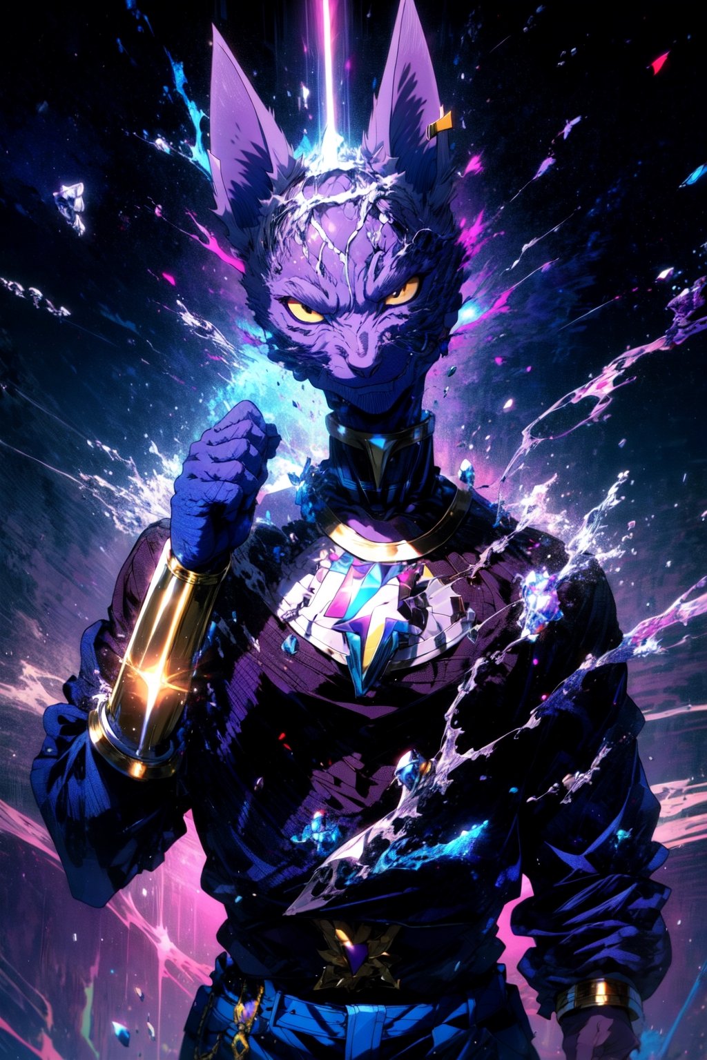 high quality, masterpiece, realistic, anthropomorphic cat, beerus, cat head, purple skin, black top, blue pants, purple belt,egyptian clothing, jewelery, long ears, athletic body, park, outdoors,medium shot portrait, hand raised up, holding purple electricity, hand glowing purple, aura, reflective light, looking at camera, serious,