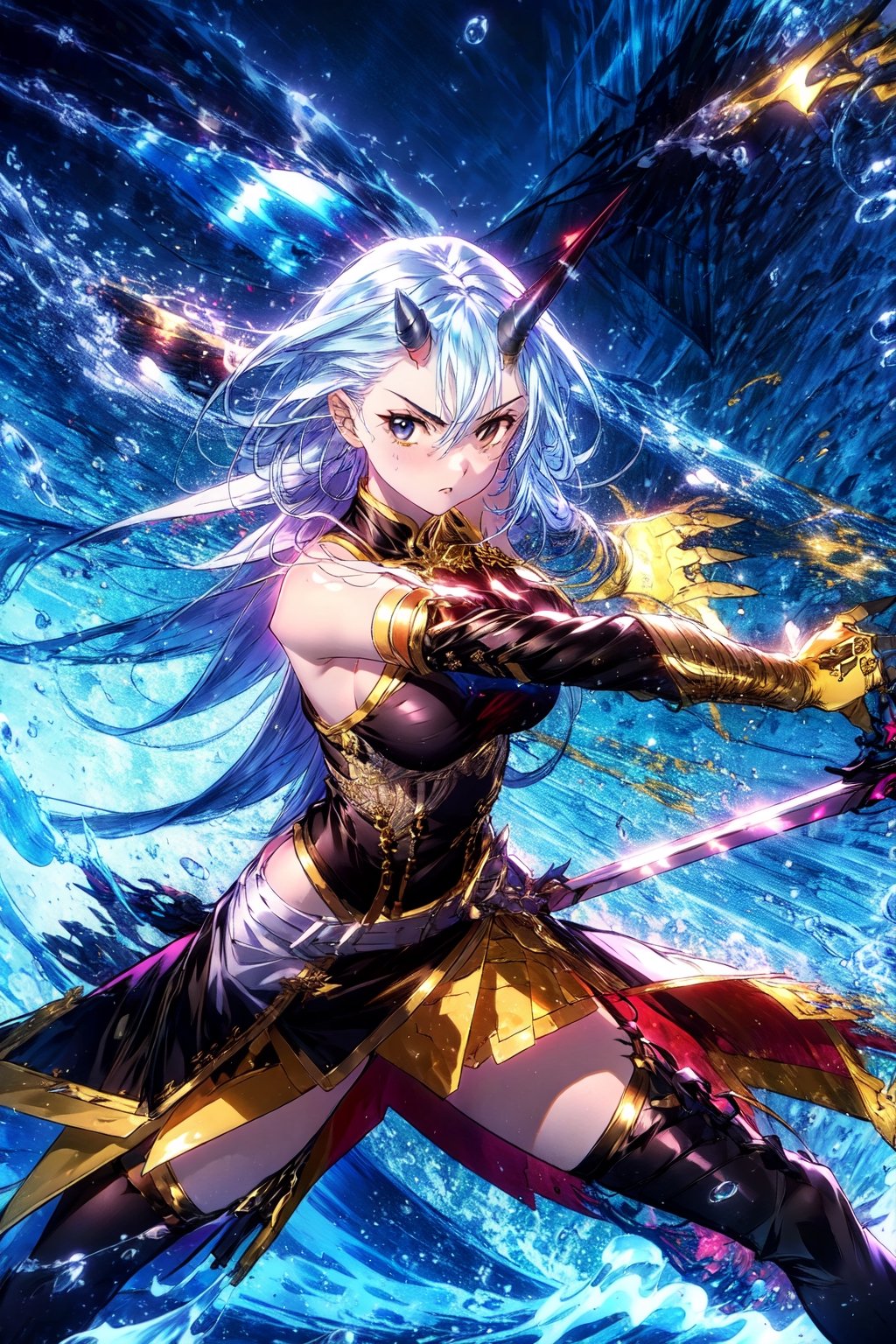 masterpiece,best quality,1girl,,black dress,black thighhighs,gold-trimmed,gloves,detached sleeves,mizuchi,single horn,tail,single wing,portrait,(shaded face:1.1),water,serious,holding sword,fighting stance,magic,gold gauntlets,action pose, ,close-up,thigh strap,