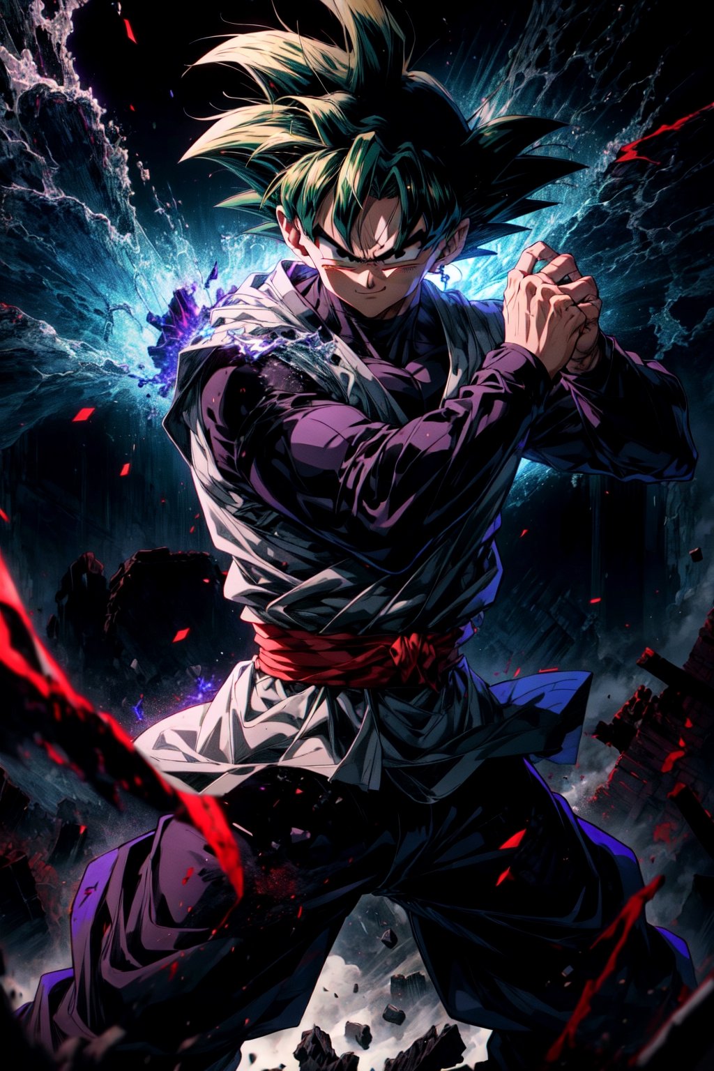 ((masterpiece, best quality)),(complex light),absurdres, highres, 1boy,solo,fighting stance, goku black,black hair,black eyes, green fire destroyed debris background,smirk, 