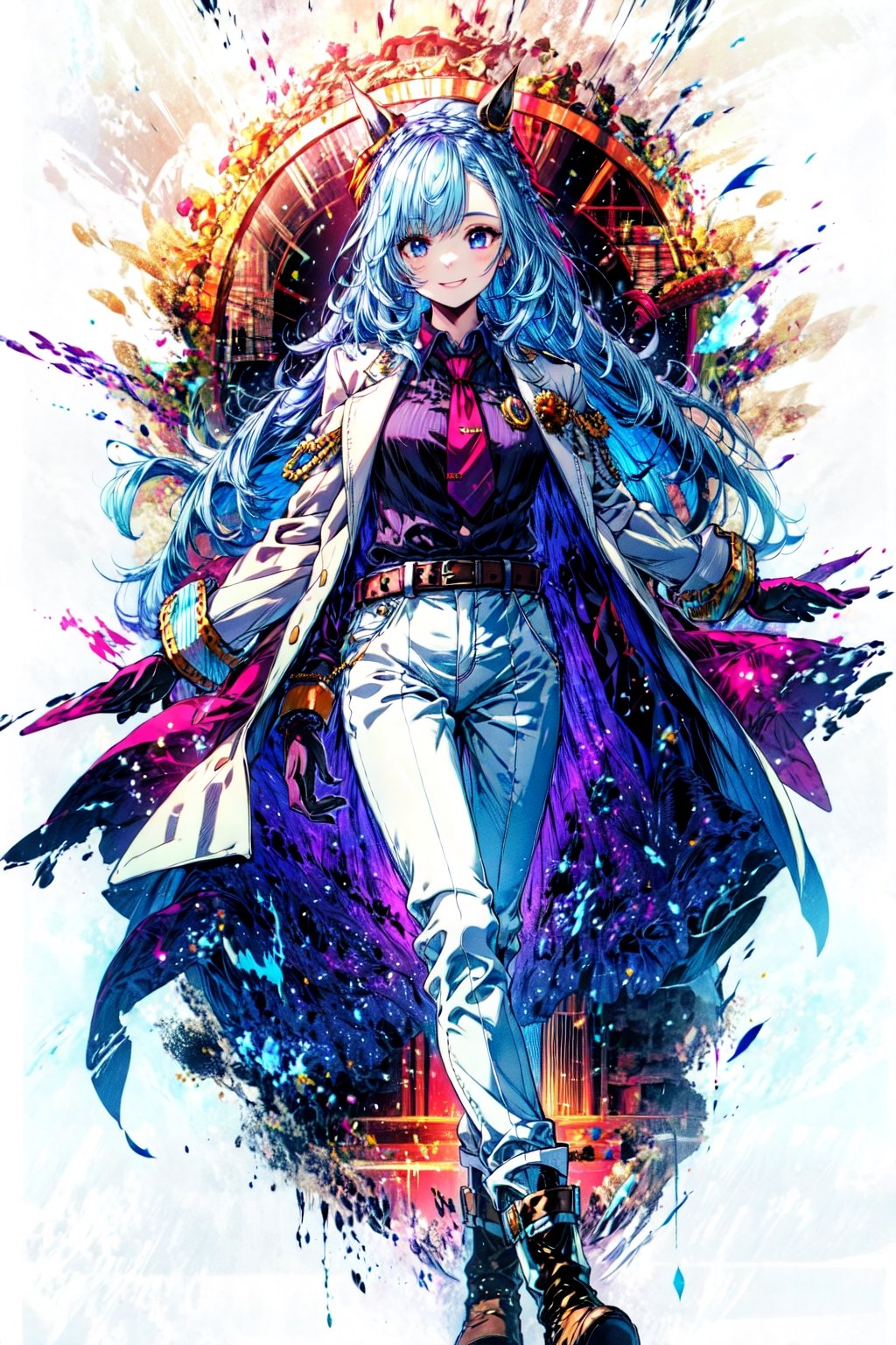 best quality,masterpiece, high res,original, beautiful detailed eyes,ultra-detailed, mejiro ardan \(dance\), smile, gloves, black gloves, long sleeves, looking at viewer, brooch, jacket, white jacket, vest coat, shirt, collared shirt, jewelry, pants, white pants, necktie, boots, thigh boots, official alternate costume