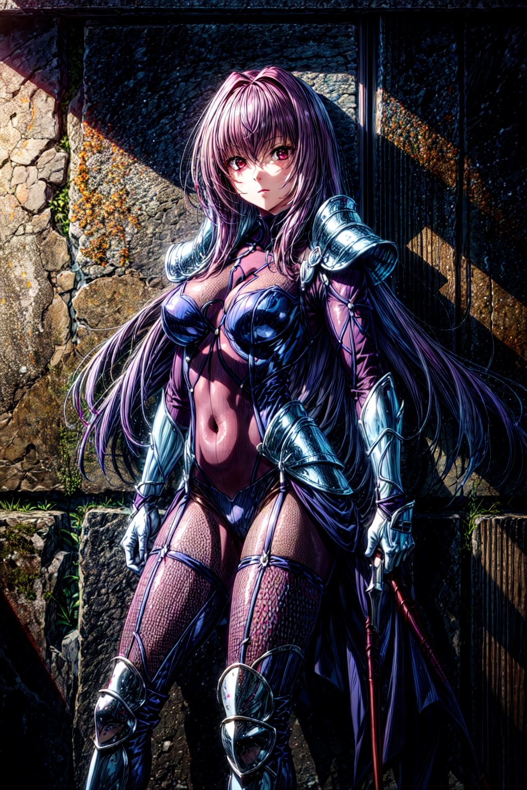 scathach, masterpiece, best quality,1girl,scathackl1, bodysuit,(white armour:1.2),(kbxll:0.6)