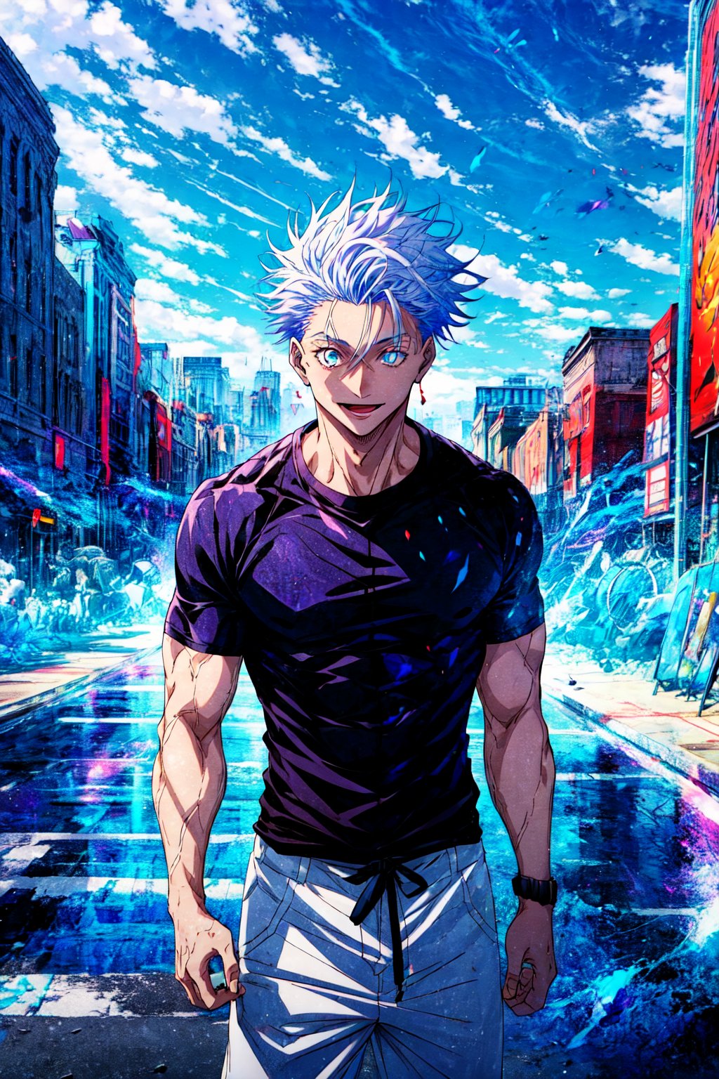 1 boy, edge light, Gojo Satoru, powerful sorcerer, tight black t-shirt, loose white pants, bright blue eyes, white hair, happy, city background, Jujutsu Kaisen, mix of fantasy and realism, special effects, fantasy, ultra HD, HDR, 4K,