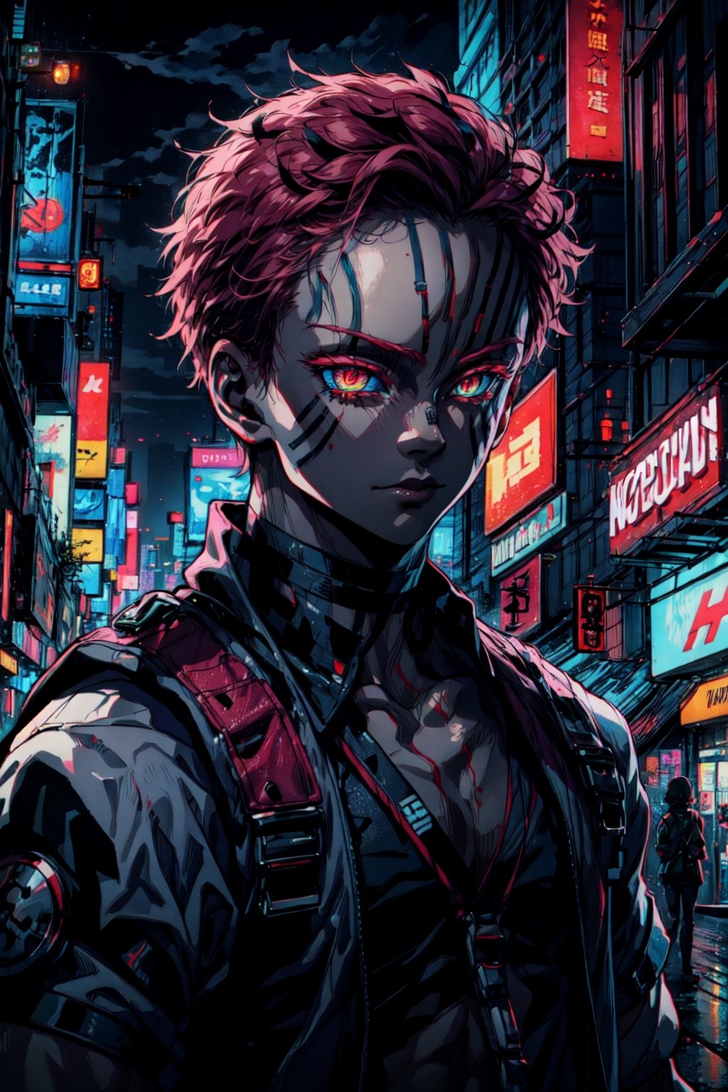 masterpiece,best quality,high quality,digital illustration,super detailed,vibrant colors,akaza,neon lights,looking at viewer,cyberpunk city background,detailed background,neon aesthetics,perfect lighting,