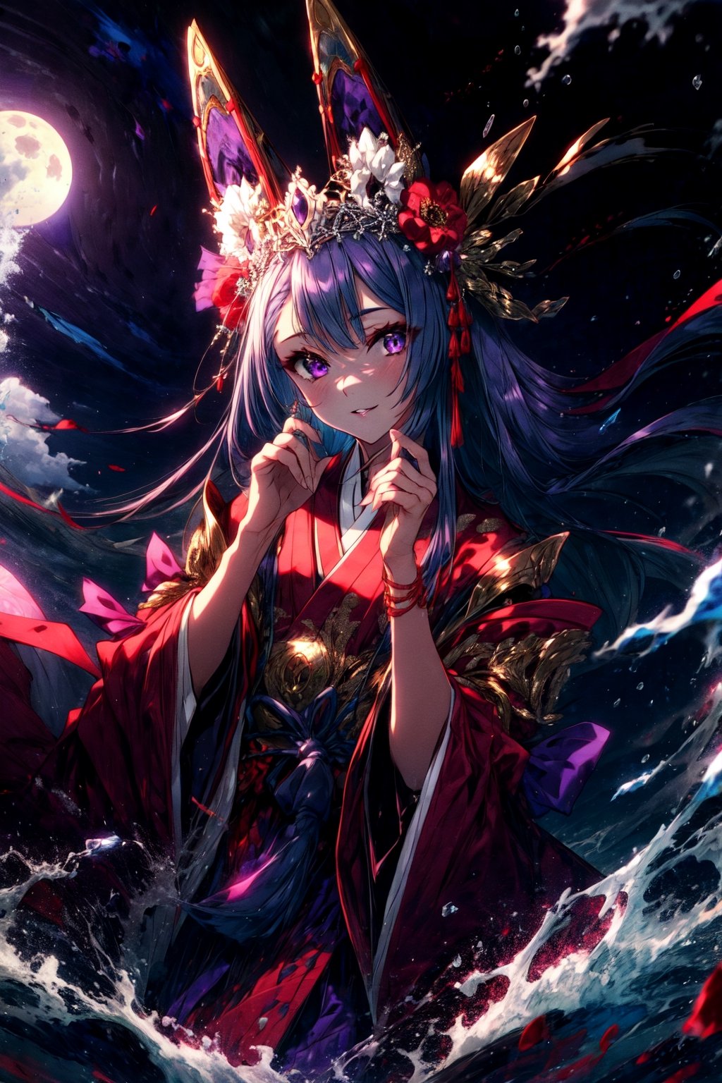 masterpiece,best quality,highres,cinematic lighting,dramatic angle,,1girl,animal ears,hair ornament,purple eyes,black hair,long hair,smile,parted lips,looking at viewer,japanese clothes,obi,wide sleeves,hand on own cheek,red topwear,purple skirt,portrait,from below,moon,close-up,CLOUD